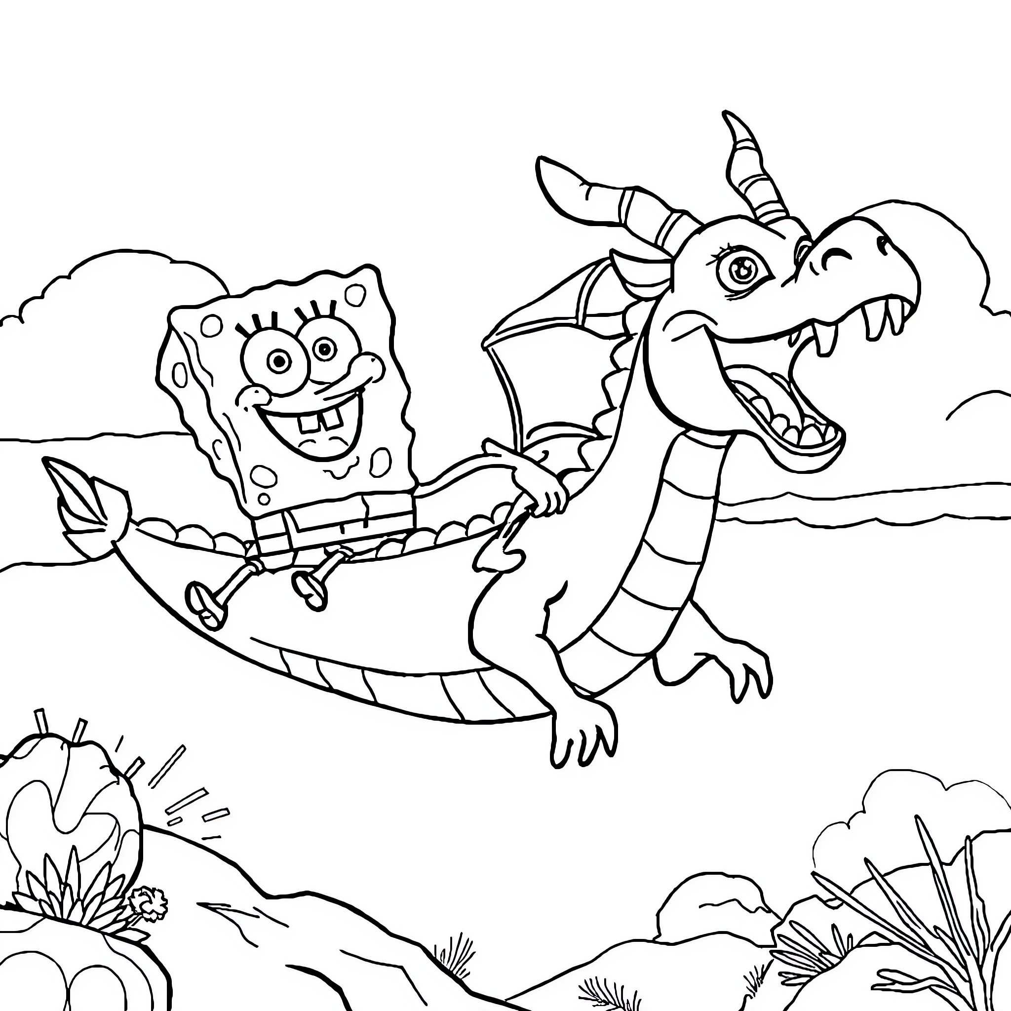 Spongebob and Dragon Riding Adventures Coloring Page (free black-and-white line drawing printable PDF for all, from beginners to advanced learners, including children, teens, adults, and seniors)