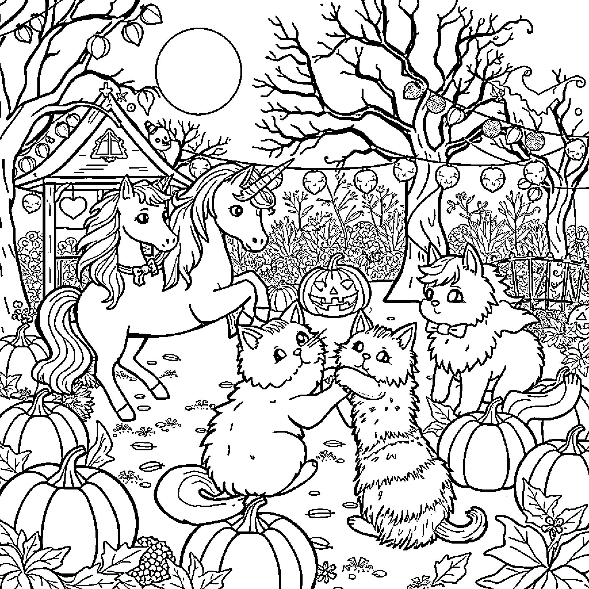 Unicorn and Animals Celebrate Autumn in Enchanted Forest Coloring Page (free black-and-white line drawing printable PDF for all, from beginners to advanced learners, including children, teens, adults, and seniors)