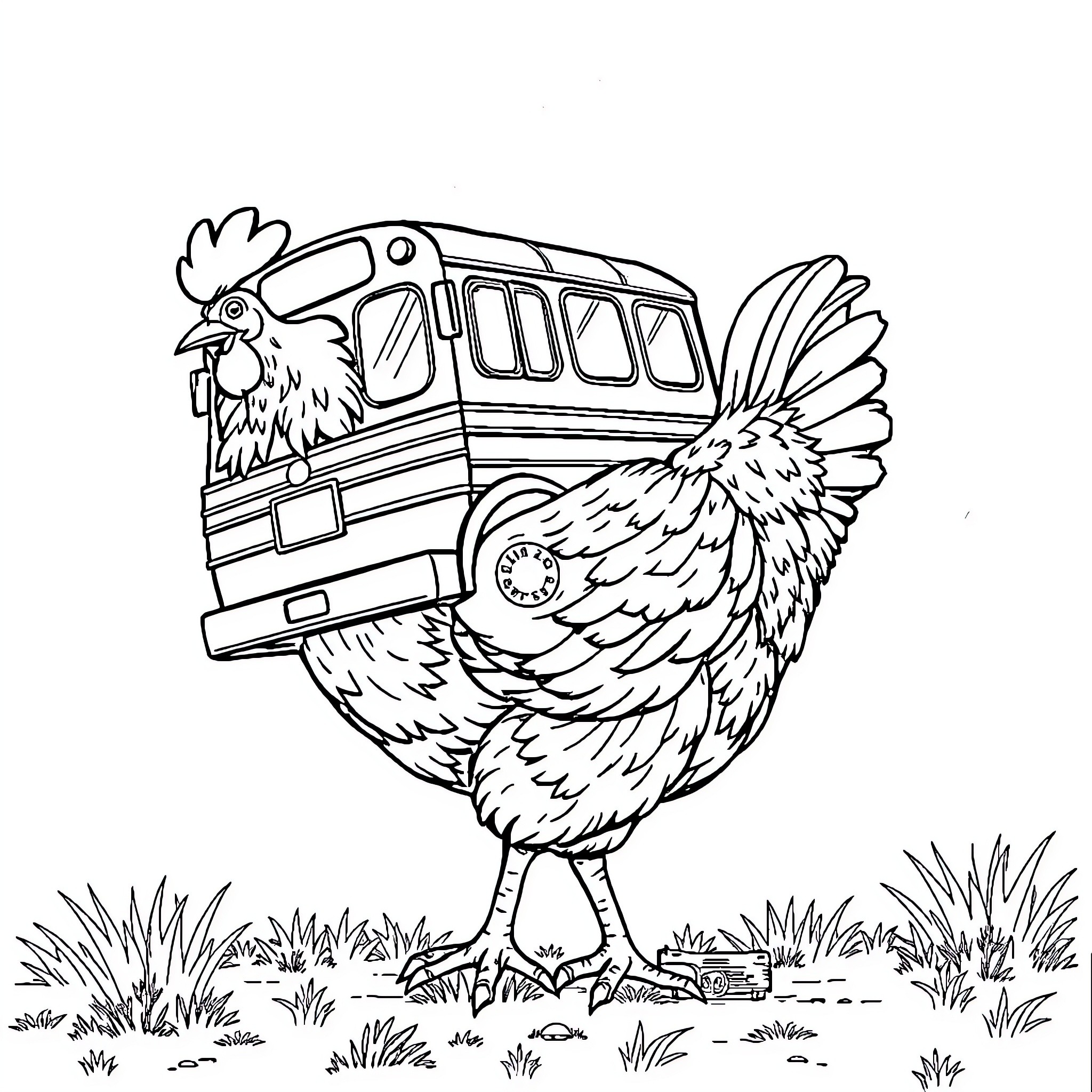 Bus-shaped Rooster with Feathered Wings Coloring Page (free black-and-white line drawing printable PDF for all, from beginners to advanced learners, including children, teens, adults, and seniors)
