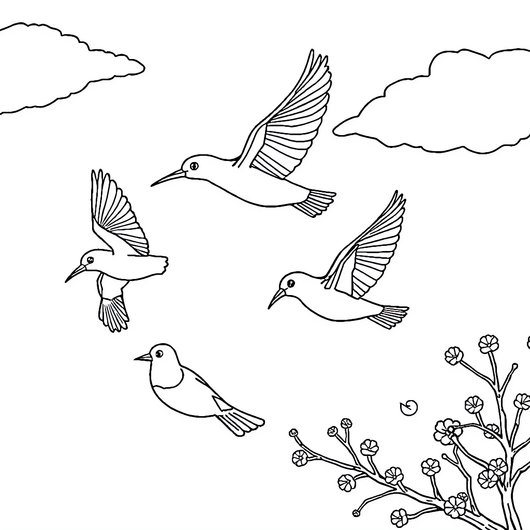 Birds soaring gracefully through the sky Coloring Page (free black-and-white line drawing printable PDF for all, from beginners to advanced learners, including children, teens, adults, and seniors)