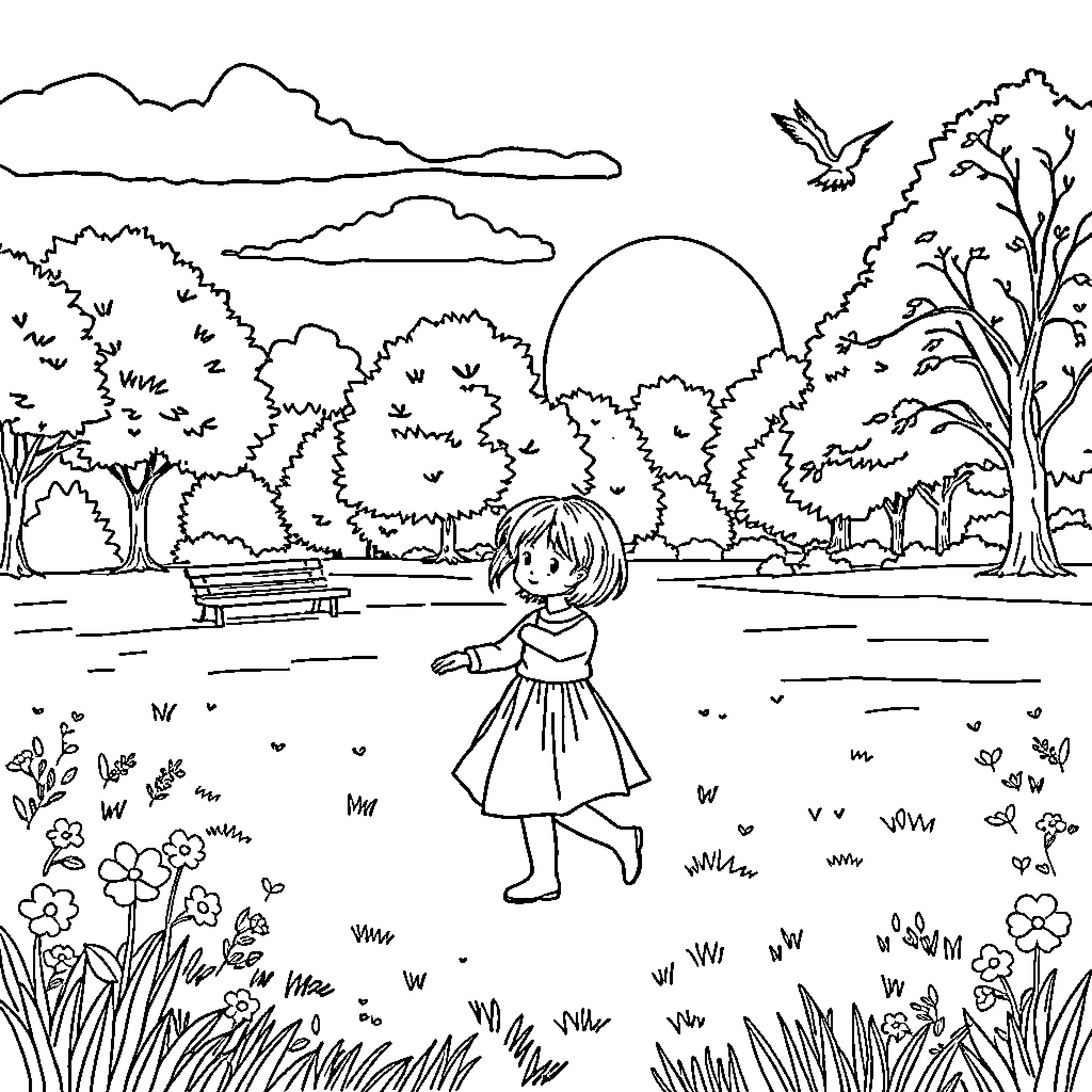 Girl enjoying nature in peaceful park scene Coloring Page (free black-and-white line drawing printable PDF for all, from beginners to advanced learners, including children, teens, adults, and seniors)