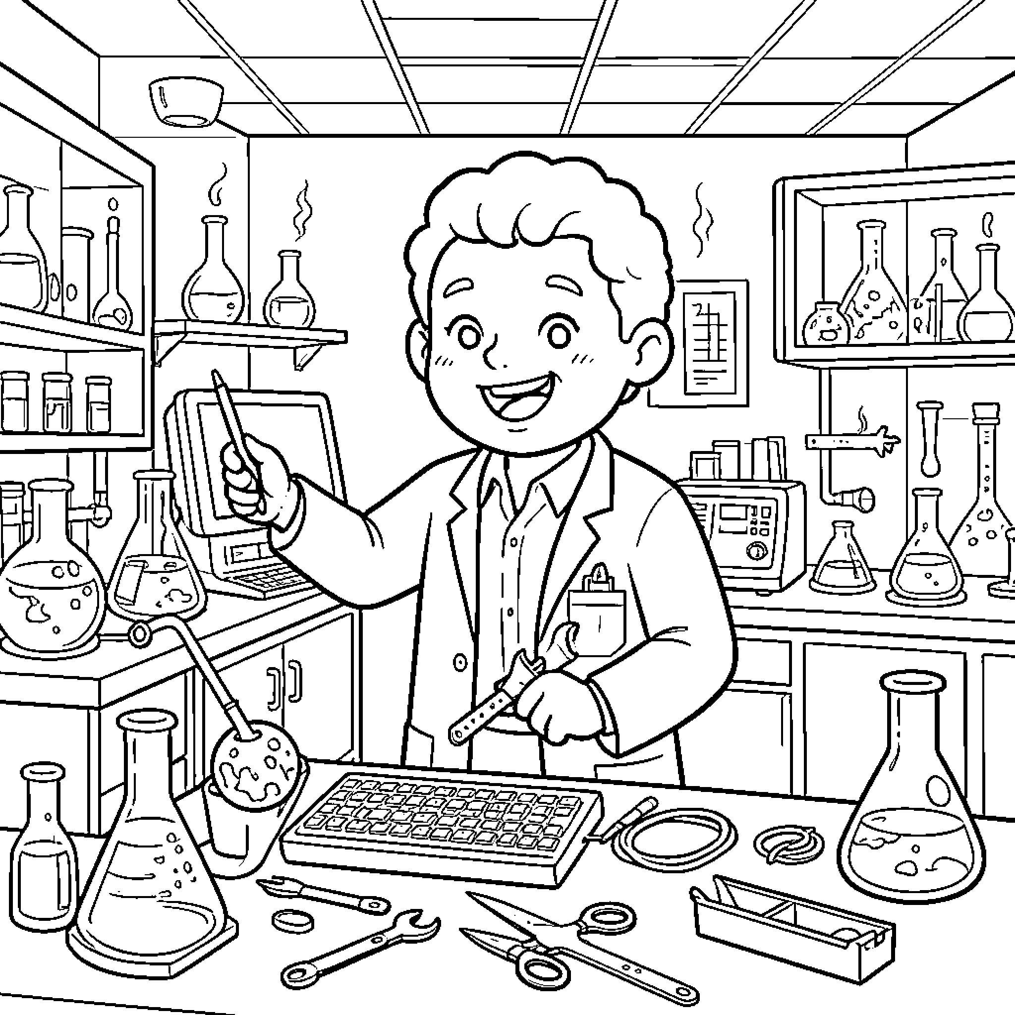 Medical Physicist smiling while working in a laboratory Coloring Page (free black-and-white line drawing printable PDF for all, from beginners to advanced learners, including children, teens, adults, and seniors)