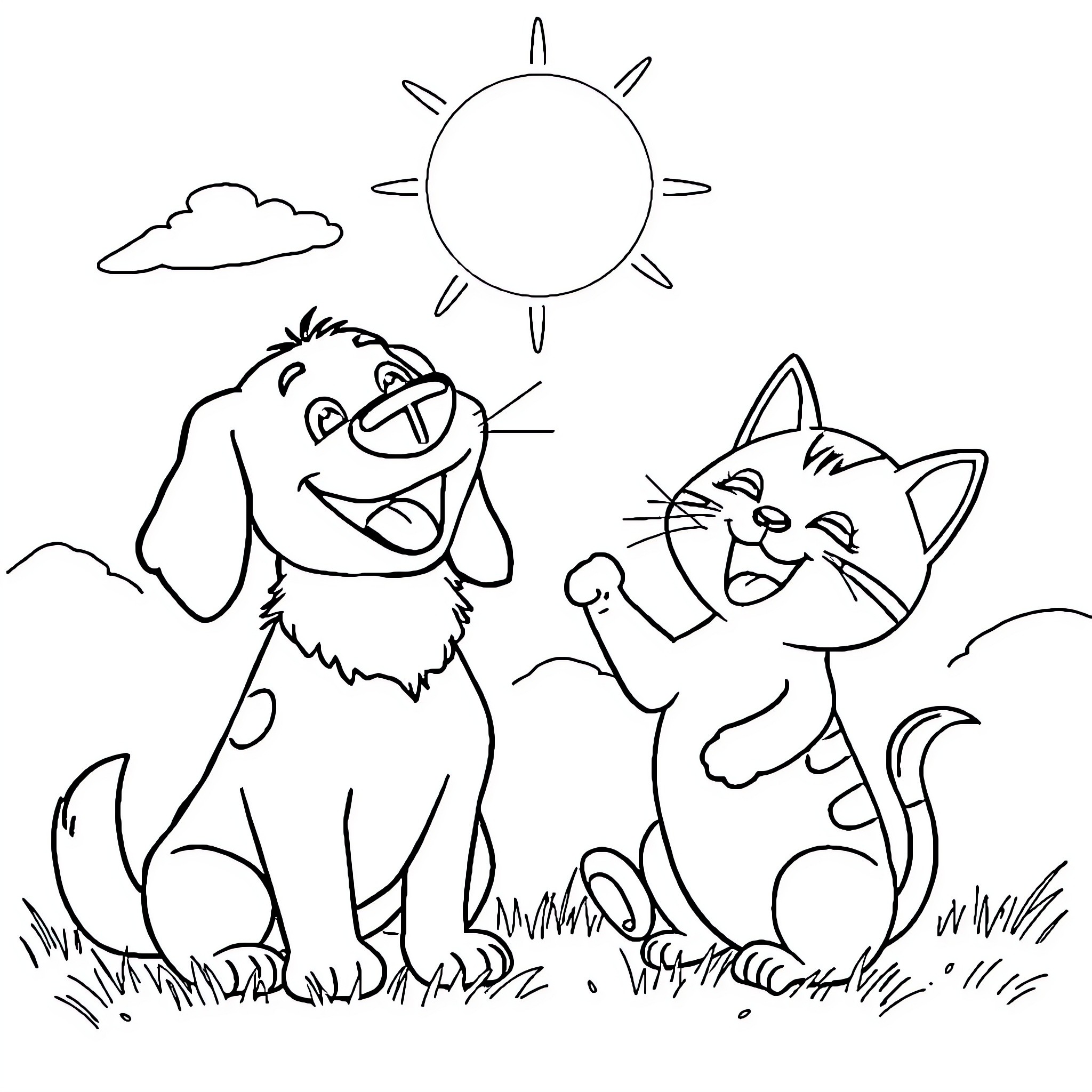 Dog and cat playing happily under the sun Coloring Page (free black-and-white line drawing printable PDF for all, from beginners to advanced learners, including children, teens, adults, and seniors)