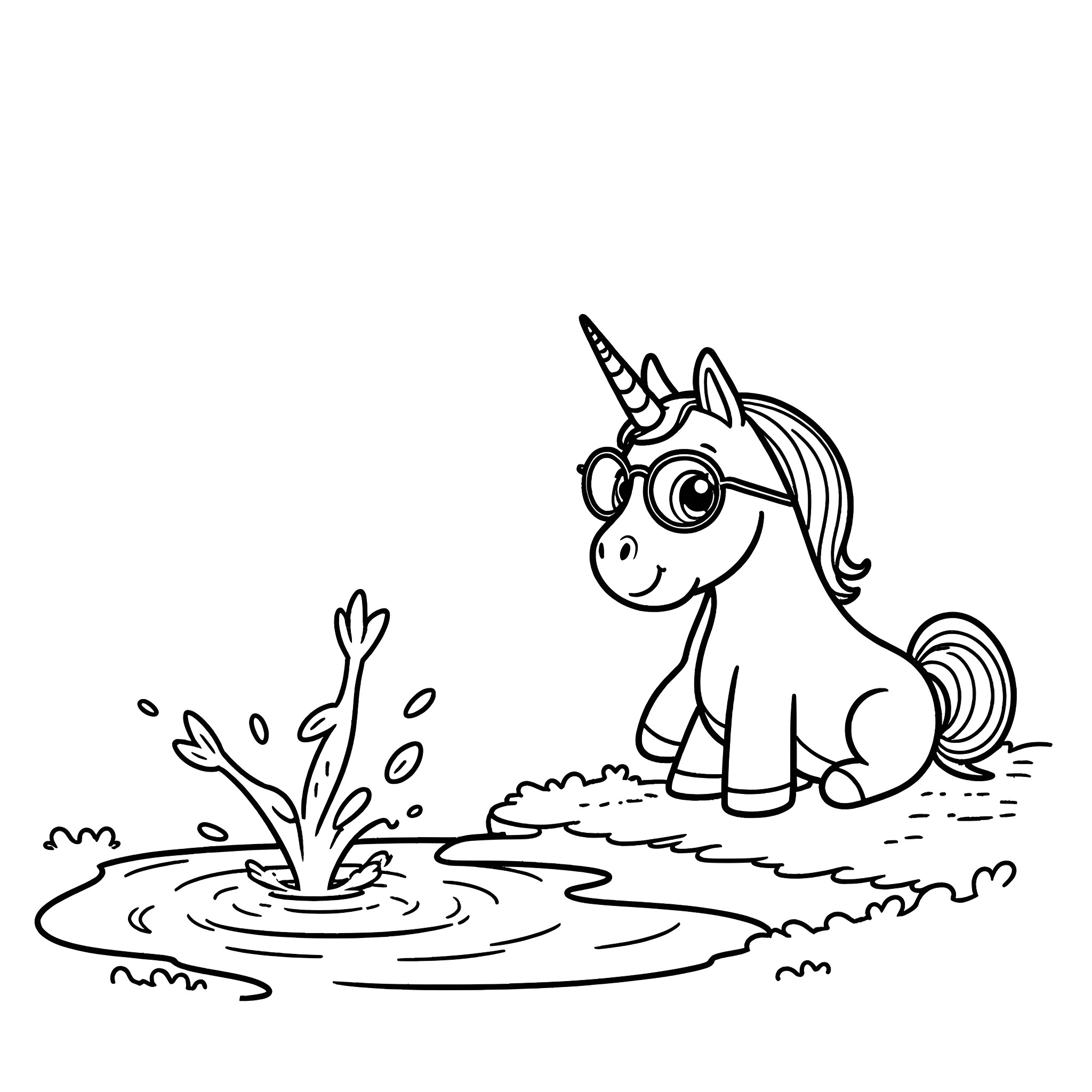 Unicorn frolicking in a puddle Coloring Page (free black-and-white line drawing printable PDF for all, from beginners to advanced learners, including children, teens, adults, and seniors)