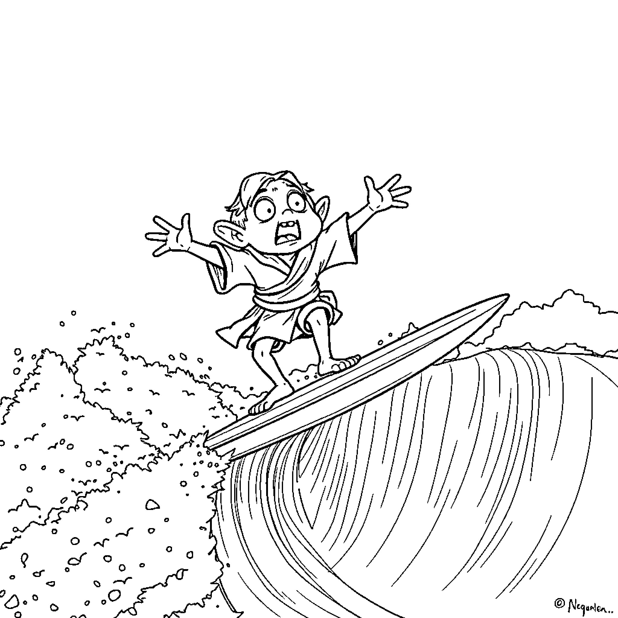 Gollum surfing on a giant wave Coloring Page (free black-and-white line drawing printable PDF for all, from beginners to advanced learners, including children, teens, adults, and seniors)