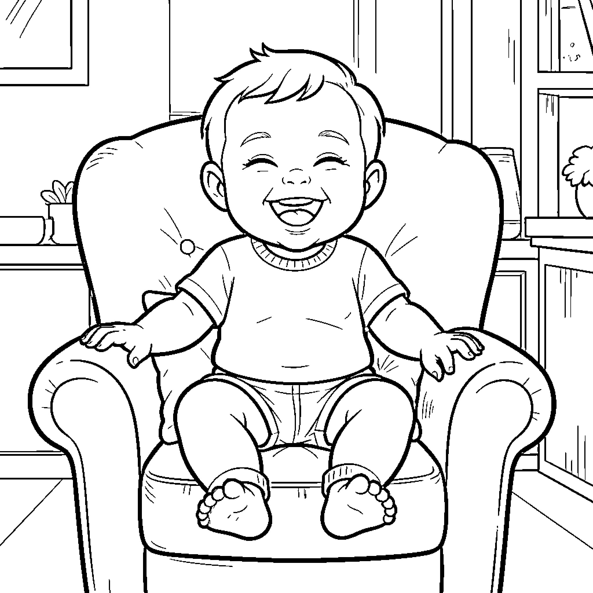 Baby laughing happily while sitting in a large armchair Coloring Page (free black-and-white line drawing printable PDF for all, from beginners to advanced learners, including children, teens, adults, and seniors)