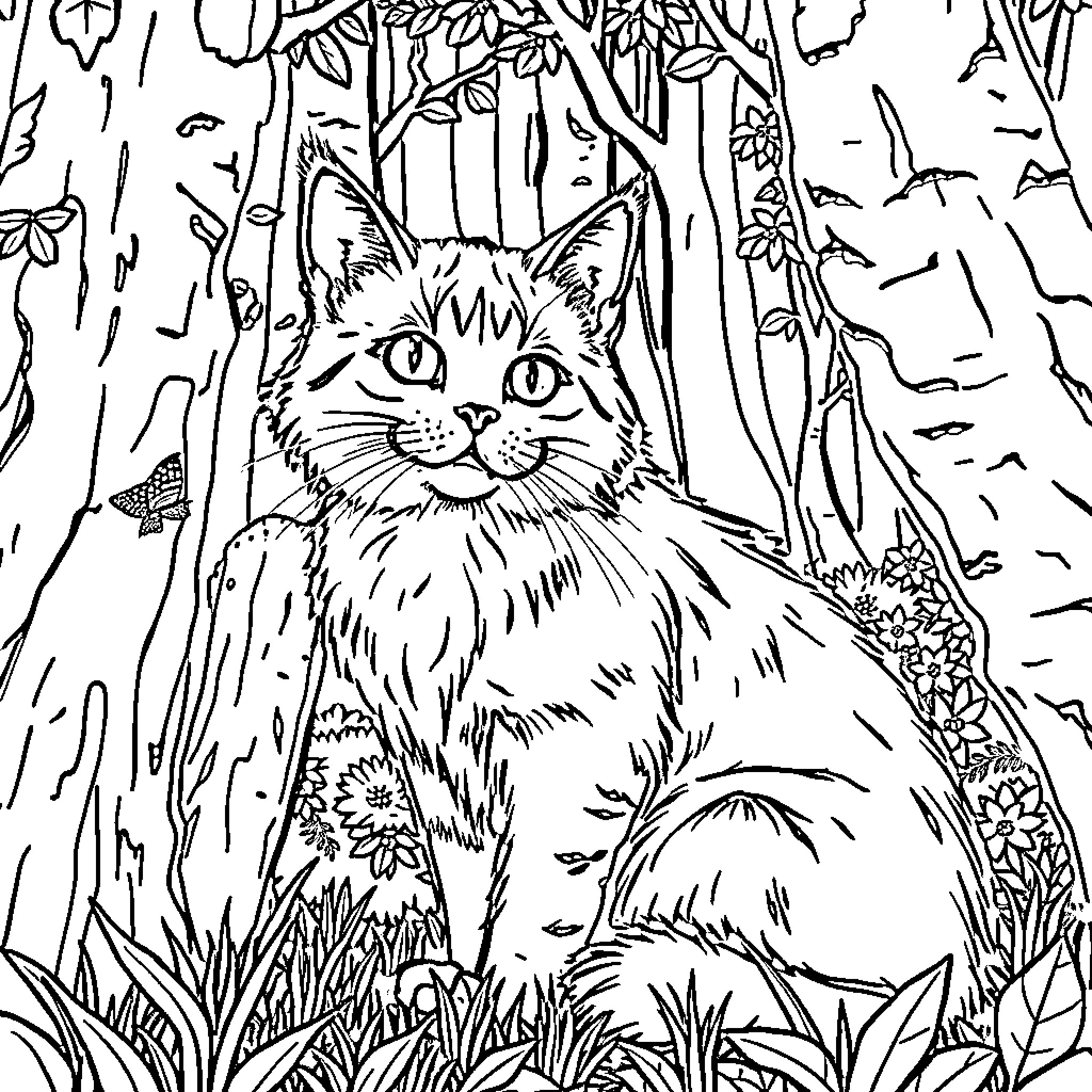 Cat exploring the enchanted forest Coloring Page (free black-and-white line drawing printable PDF for all, from beginners to advanced learners, including children, teens, adults, and seniors)