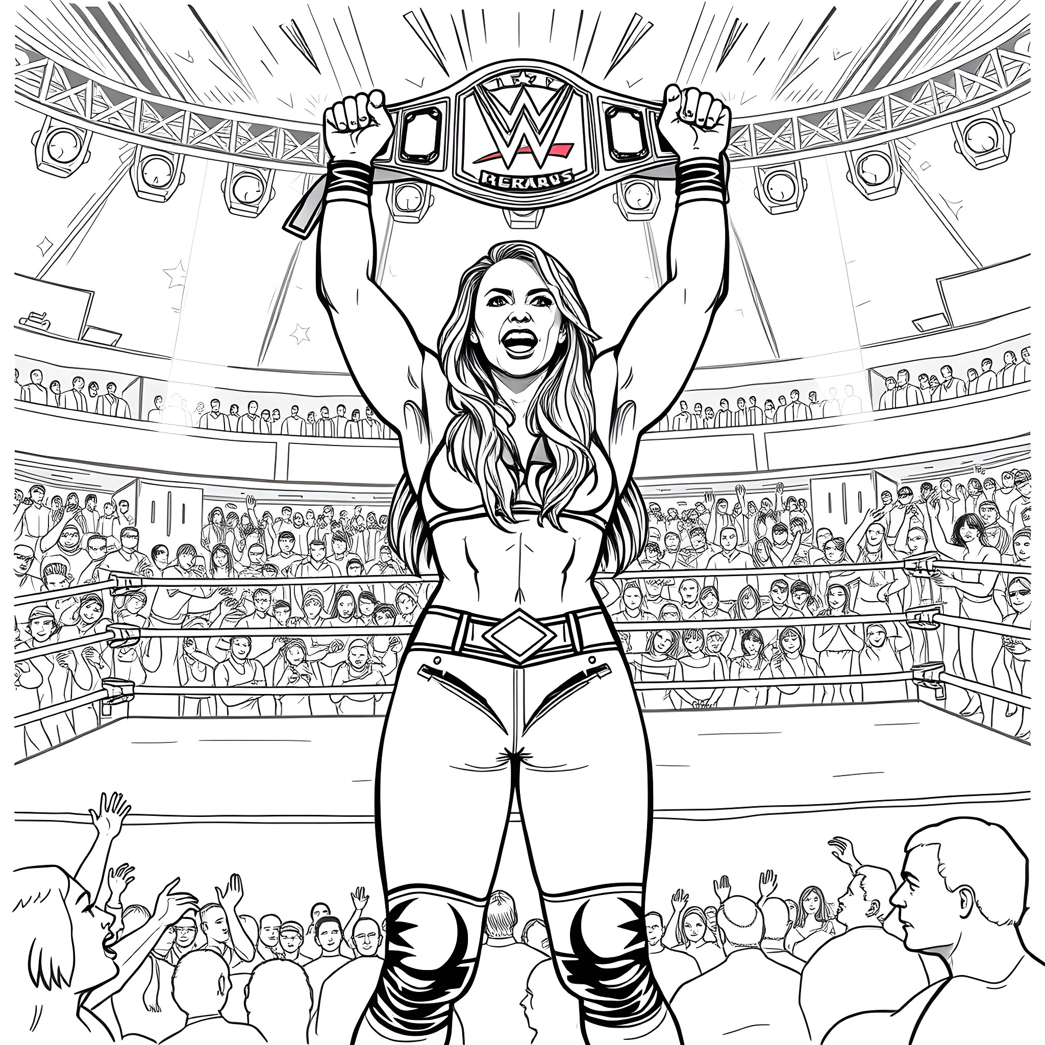 WWE Champion Celebrating Victory in the Ring Coloring Page (free black-and-white line drawing printable PDF for all, from beginners to advanced learners, including children, teens, adults, and seniors)