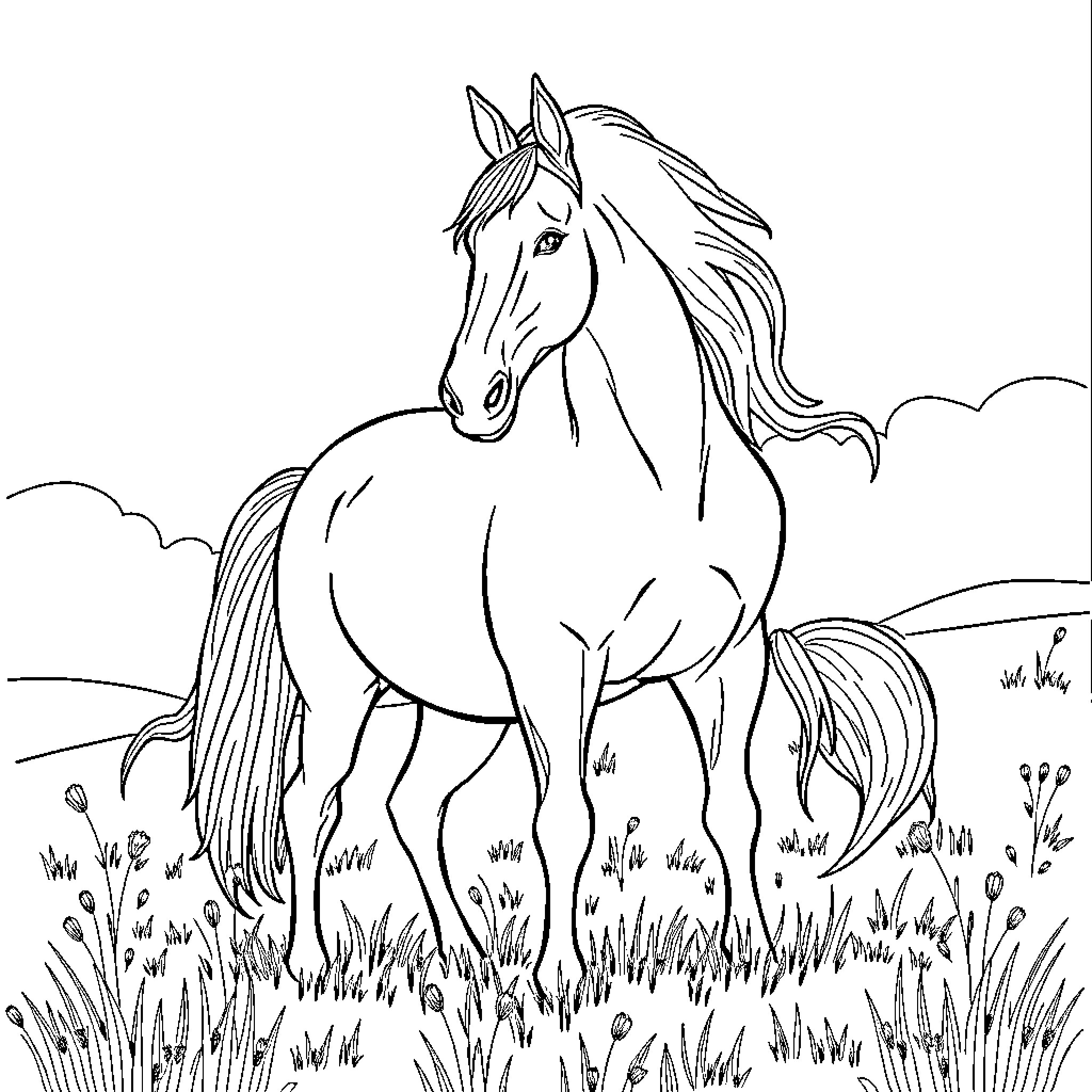 Horse standing proudly in a grassy field Coloring Page (free black-and-white line drawing printable PDF for all, from beginners to advanced learners, including children, teens, adults, and seniors)