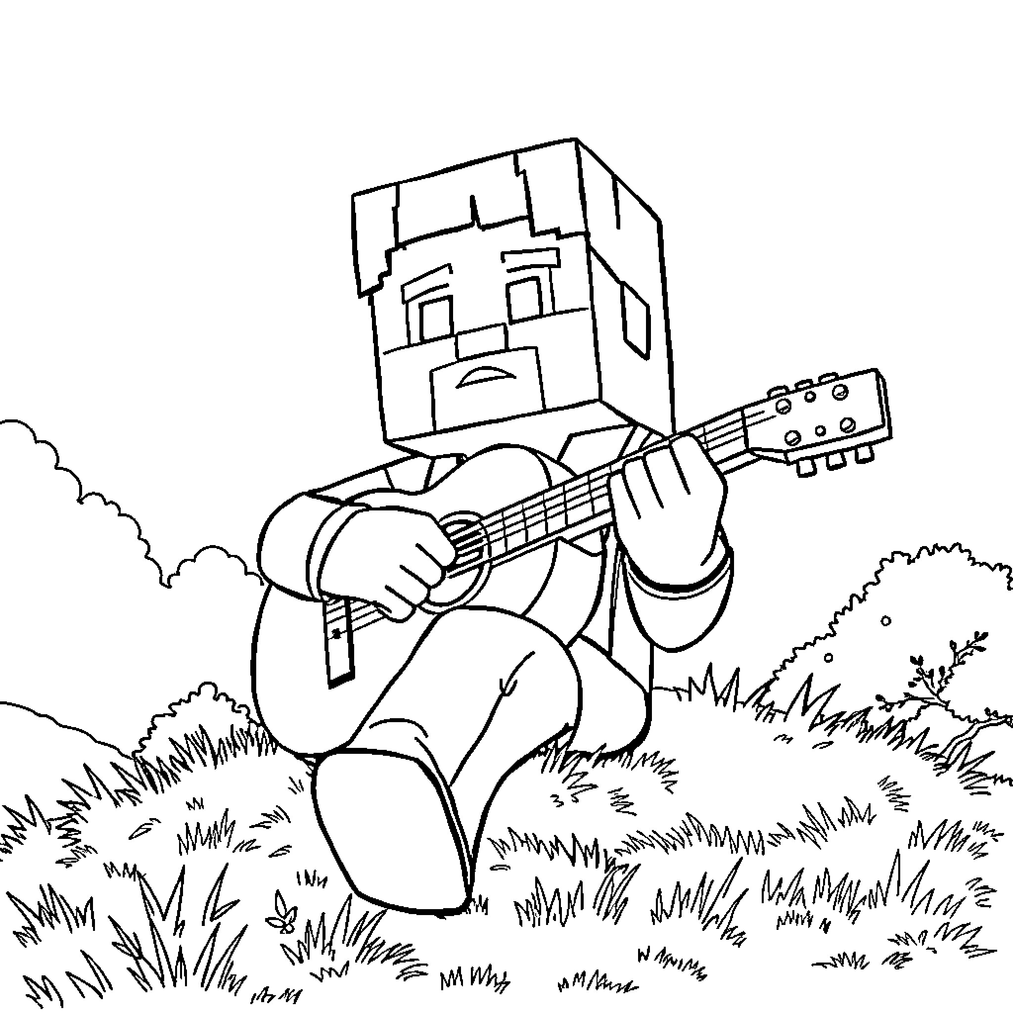 Cremer playing guitar in a serene outdoor setting Coloring Page (free black-and-white line drawing printable PDF for all, from beginners to advanced learners, including children, teens, adults, and seniors)