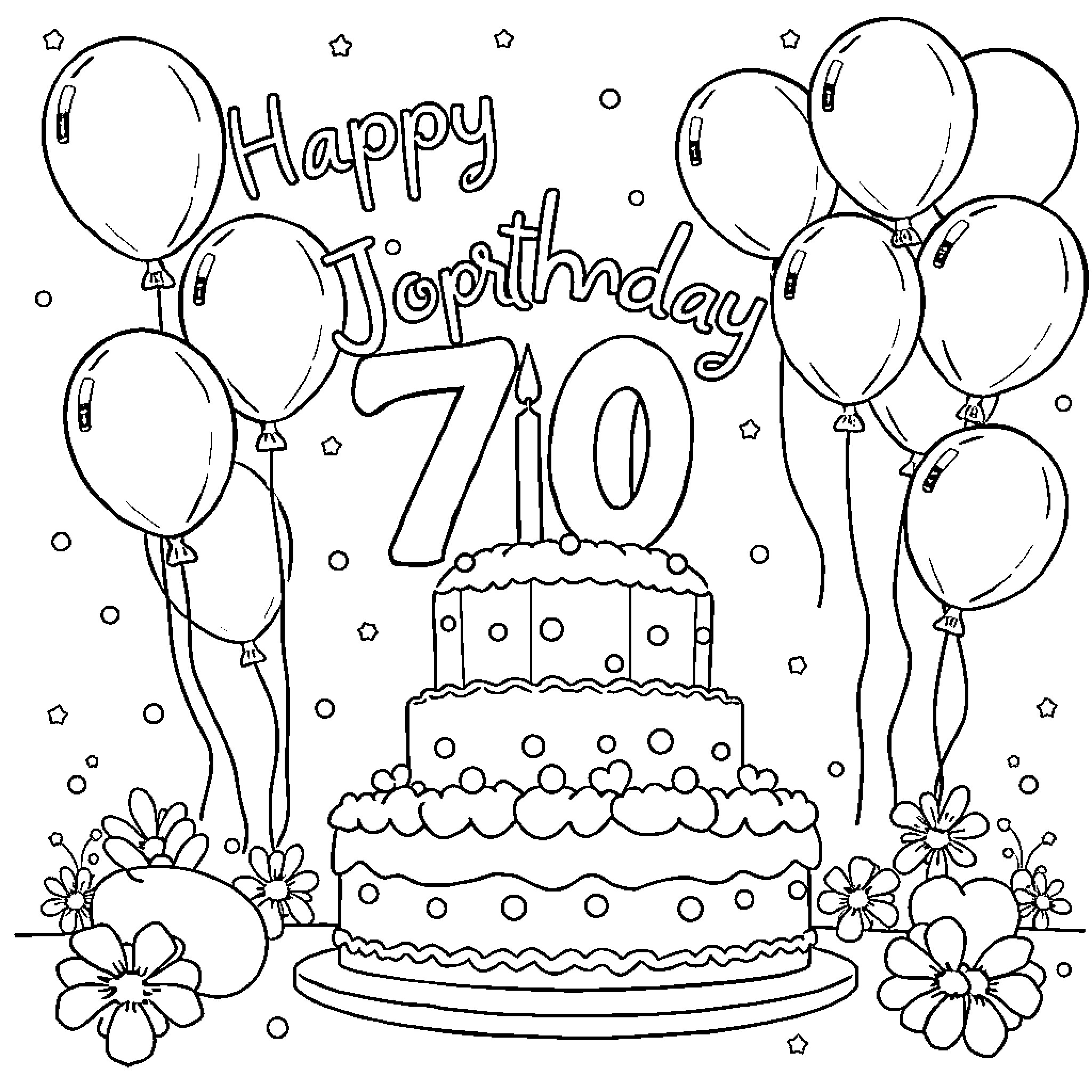 Birthday celebration with a cake and balloons Coloring Page (free black-and-white line drawing printable PDF for all, from beginners to advanced learners, including children, teens, adults, and seniors)