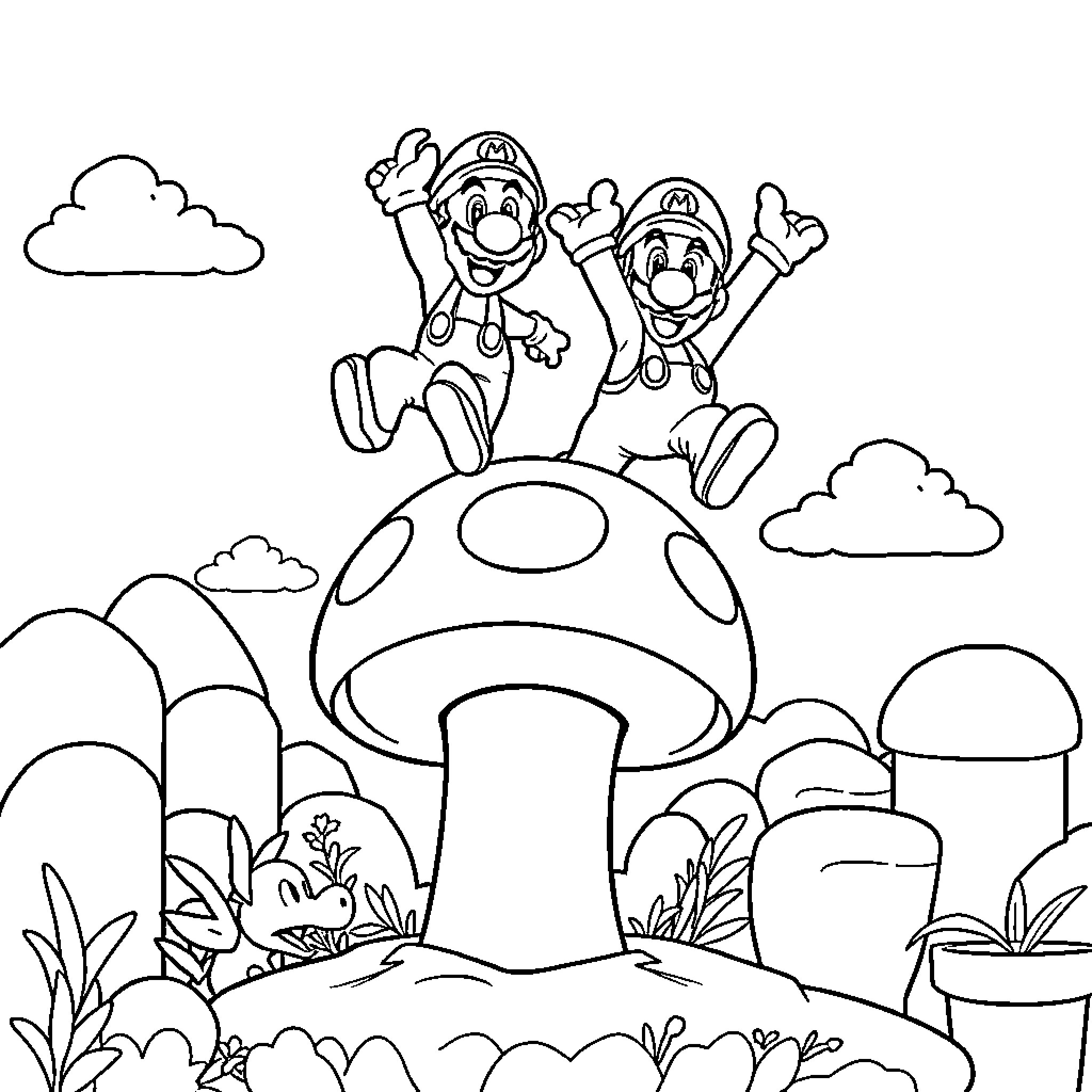 Mario Brothers Jumping Joyfully in Mushroom Kingdom Coloring Page (free black-and-white line drawing printable PDF for all, from beginners to advanced learners, including children, teens, adults, and seniors)