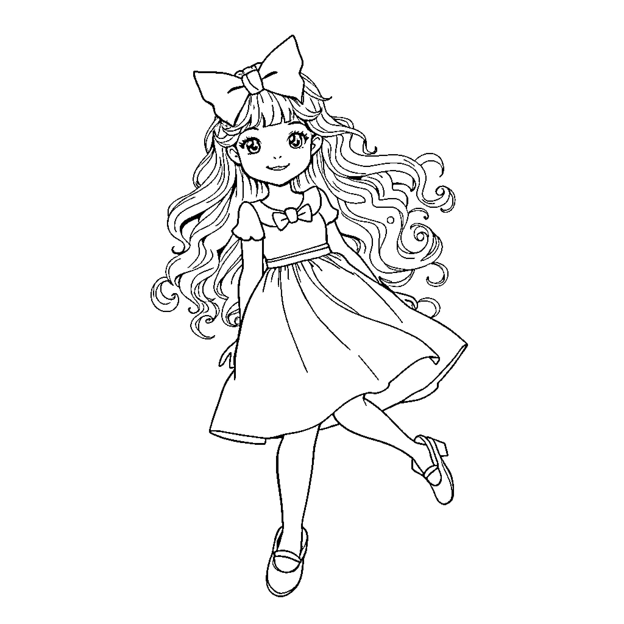 Girl in a Whimsical Dress and Bow Coloring Page (free black-and-white line drawing printable PDF for all, from beginners to advanced learners, including children, teens, adults, and seniors)
