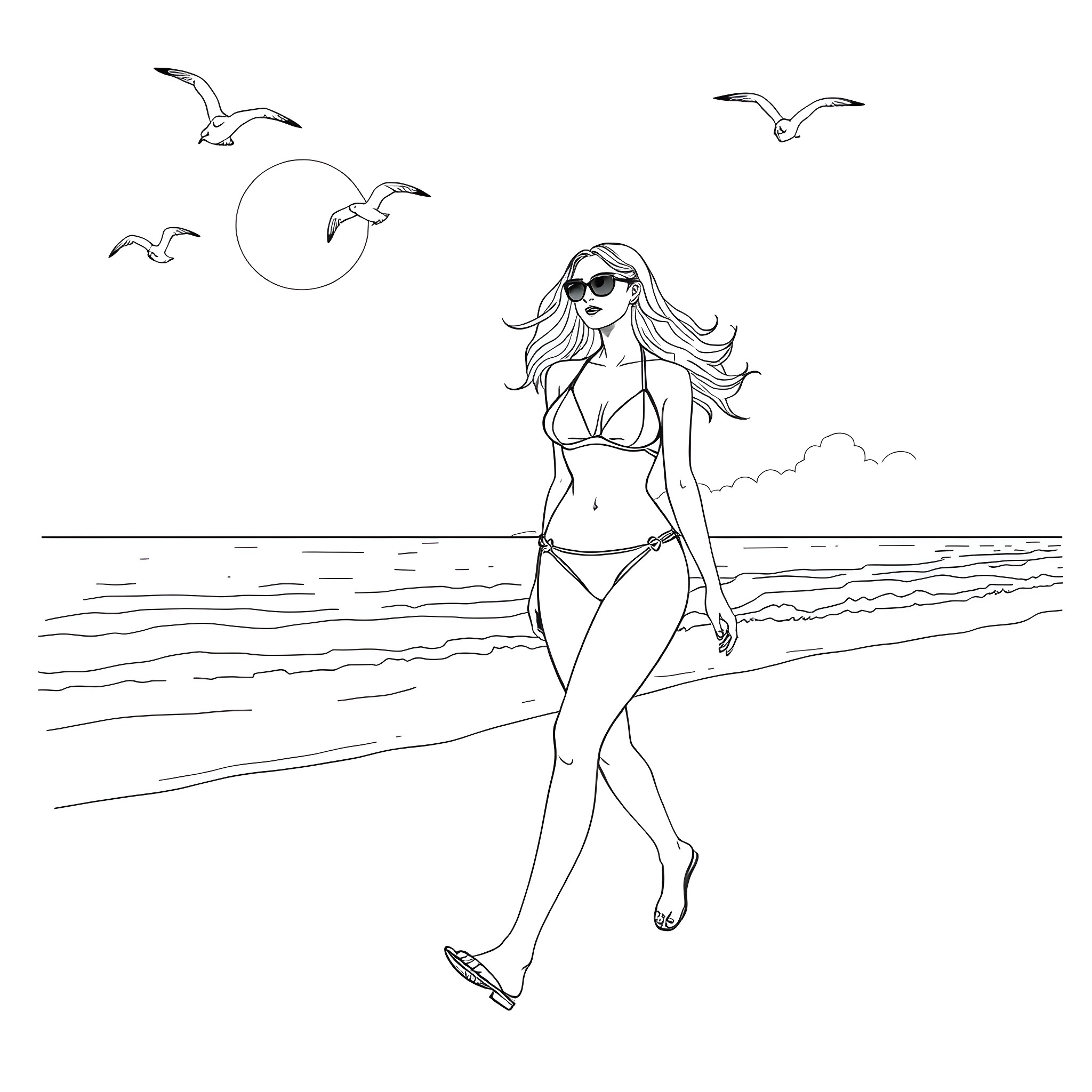 Bikini-clad woman strolling on the beach Coloring Page (free black-and-white line drawing printable PDF for all, from beginners to advanced learners, including children, teens, adults, and seniors)