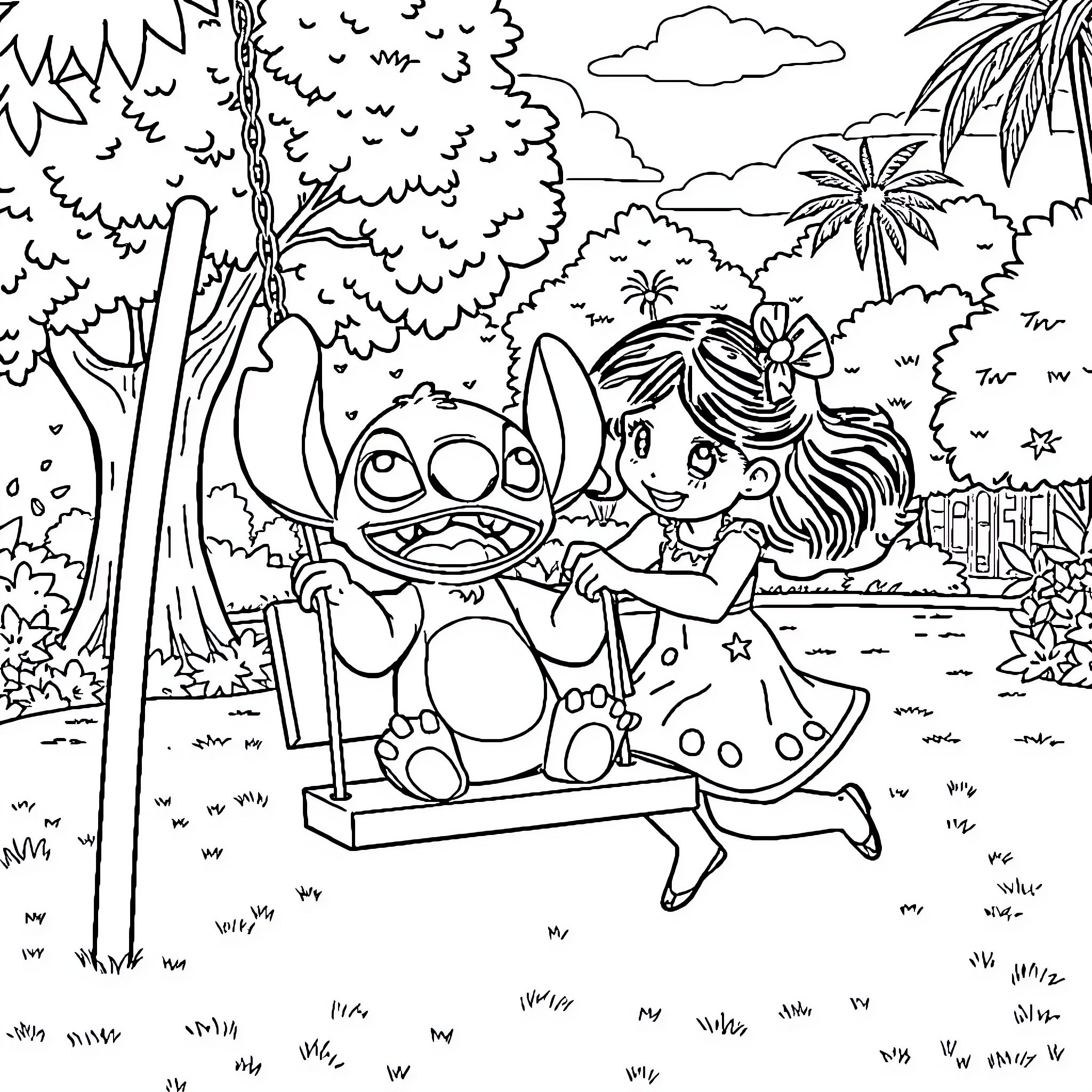 Lilo playing happily with Stitch in the tropical landscape Coloring Page (free black-and-white line drawing printable PDF for all, from beginners to advanced learners, including children, teens, adults, and seniors)
