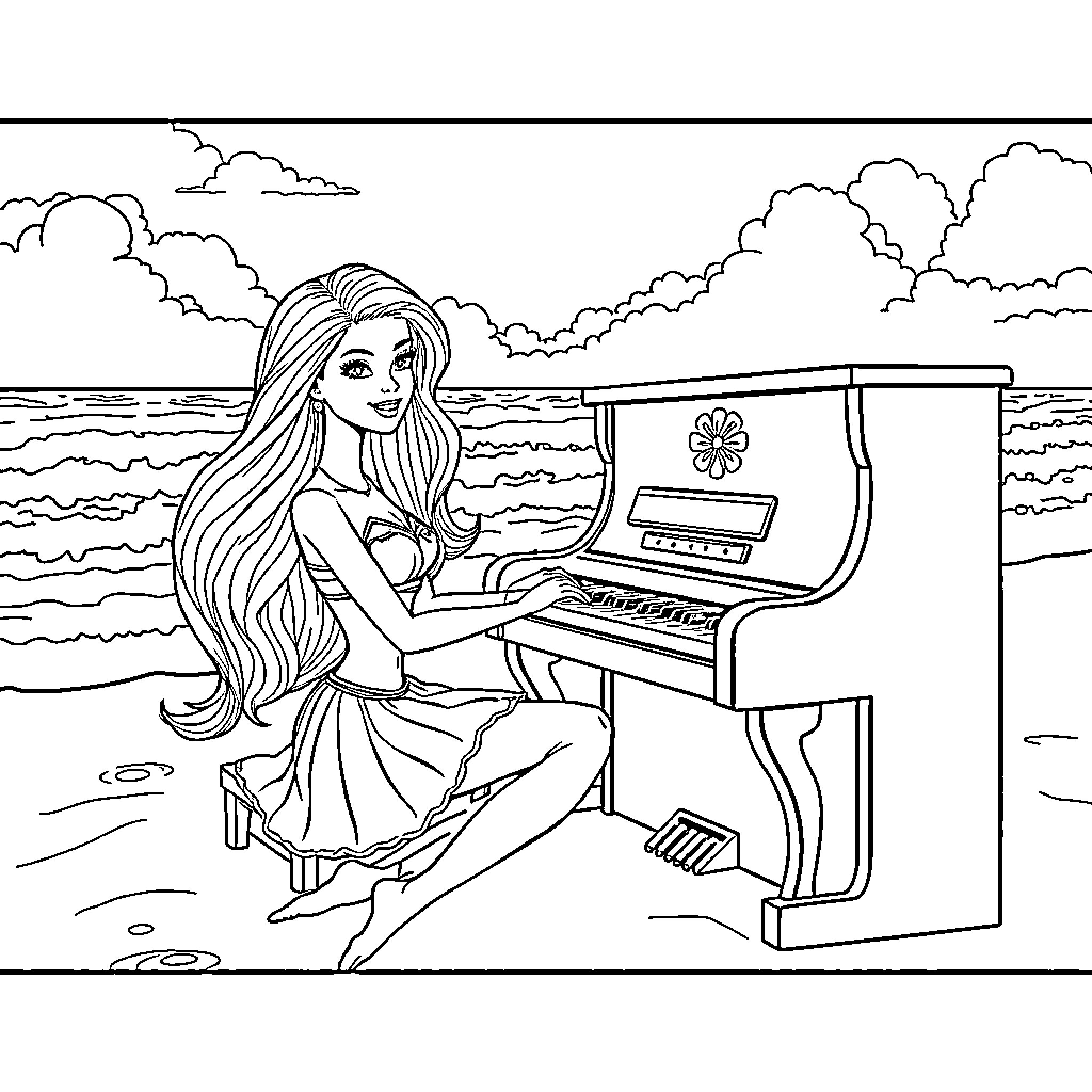 Barbie playing piano by the sea Coloring Page (free black-and-white line drawing printable PDF for all, from beginners to advanced learners, including children, teens, adults, and seniors)