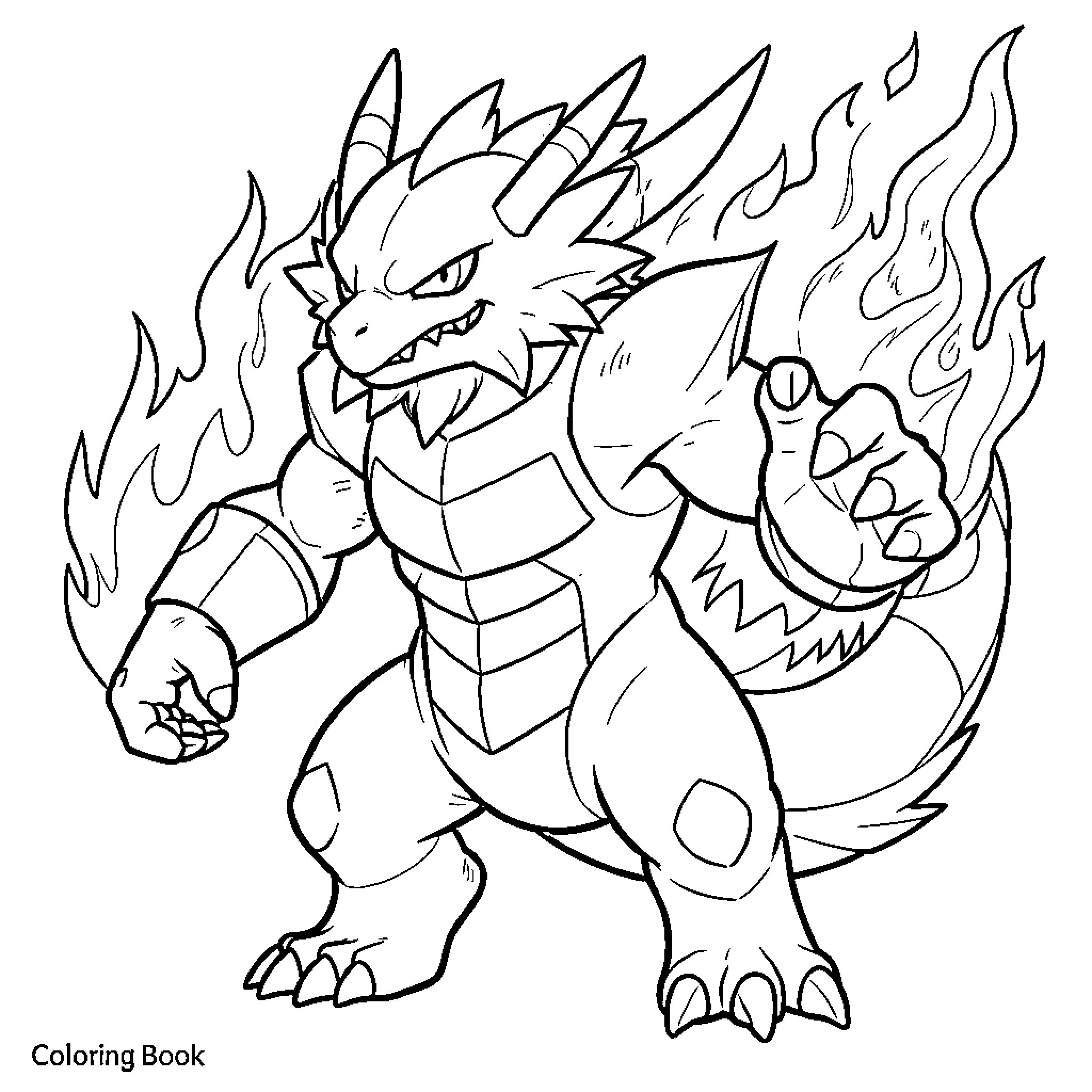 Aggron standing fiercely with flames in the background Coloring Page (free black-and-white line drawing printable PDF for all, from beginners to advanced learners, including children, teens, adults, and seniors)