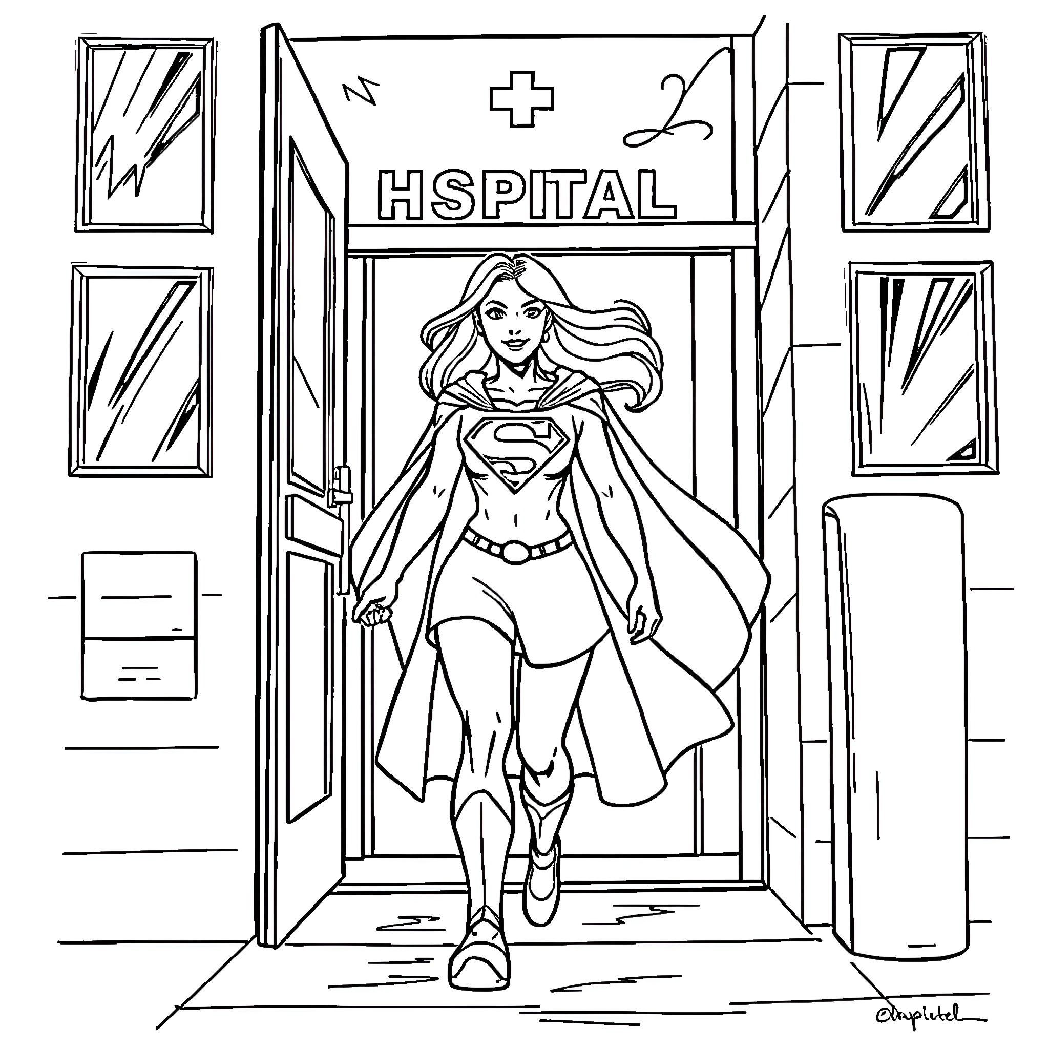 Super Girl coming to the rescue at the hospital Coloring Page (free black-and-white line drawing printable PDF for all, from beginners to advanced learners, including children, teens, adults, and seniors)