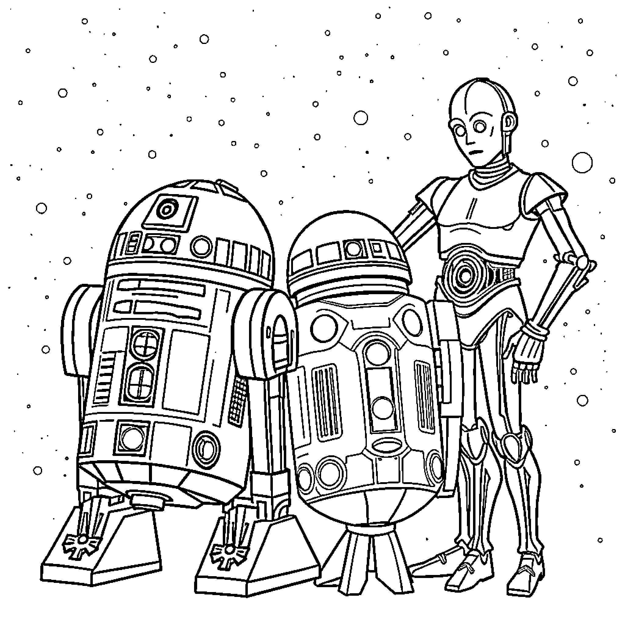 Droid Companions in the Starry Night Coloring Page (free black-and-white line drawing printable PDF for all, from beginners to advanced learners, including children, teens, adults, and seniors)