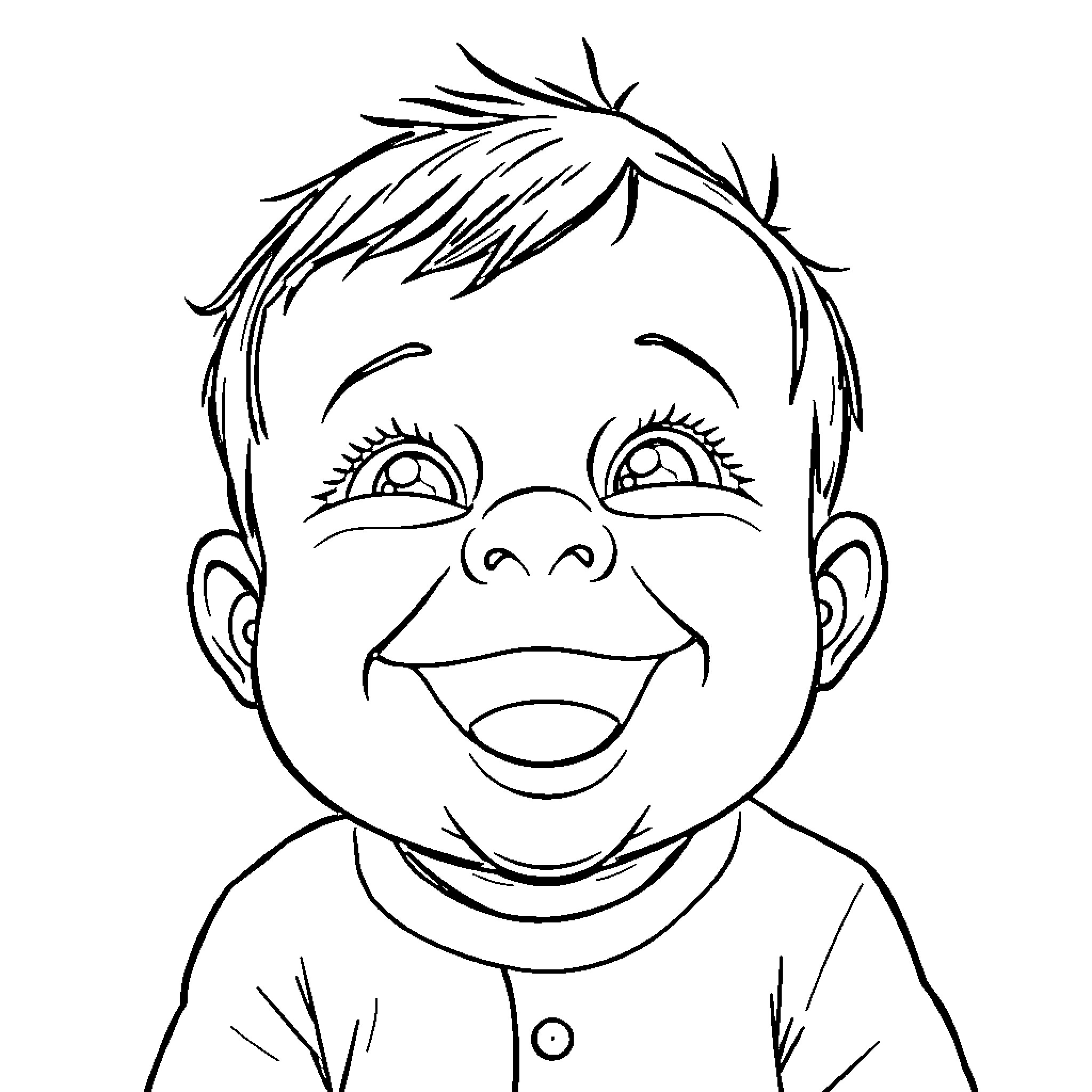 Baby boy with happy expression and messy hair Coloring Page (free black-and-white line drawing printable PDF for all, from beginners to advanced learners, including children, teens, adults, and seniors)