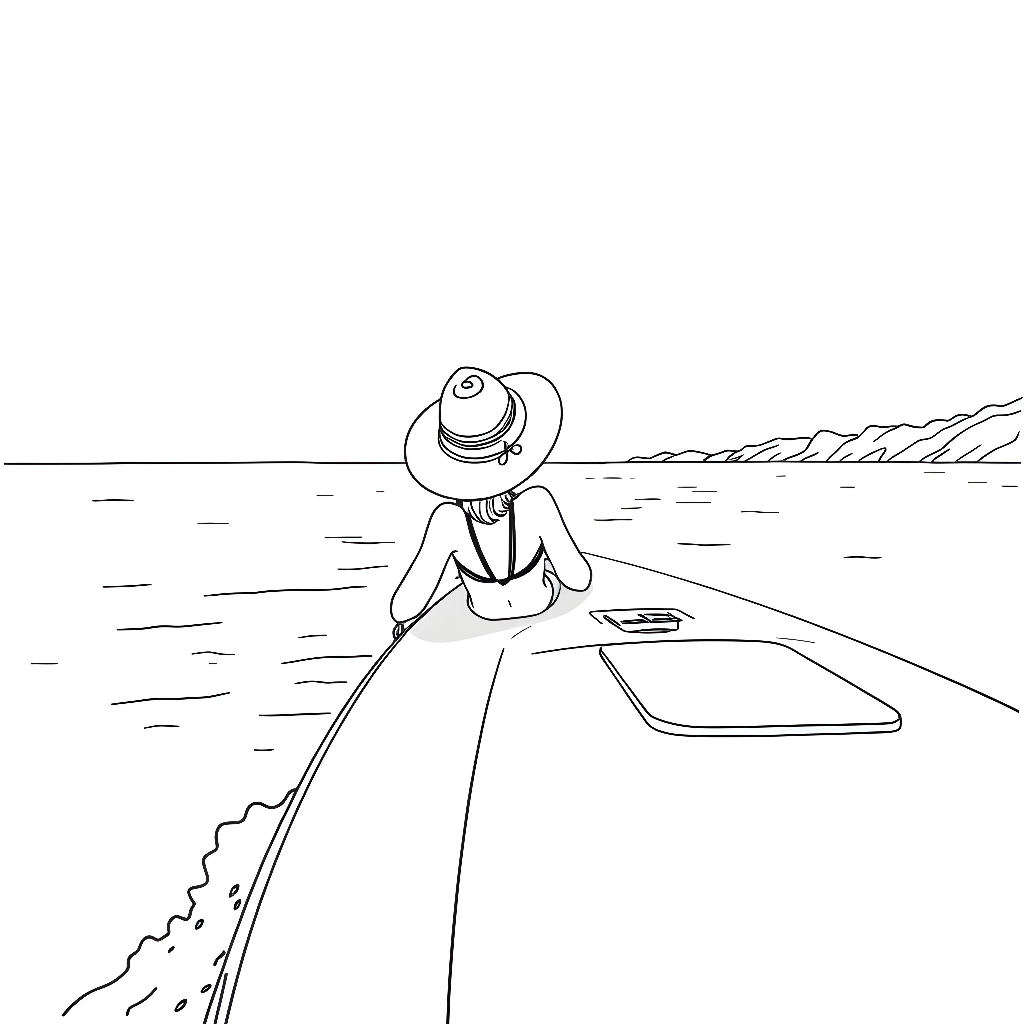 Lady enjoying the scenic view from the boat Coloring Page (free black-and-white line drawing printable PDF for all, from beginners to advanced learners, including children, teens, adults, and seniors)