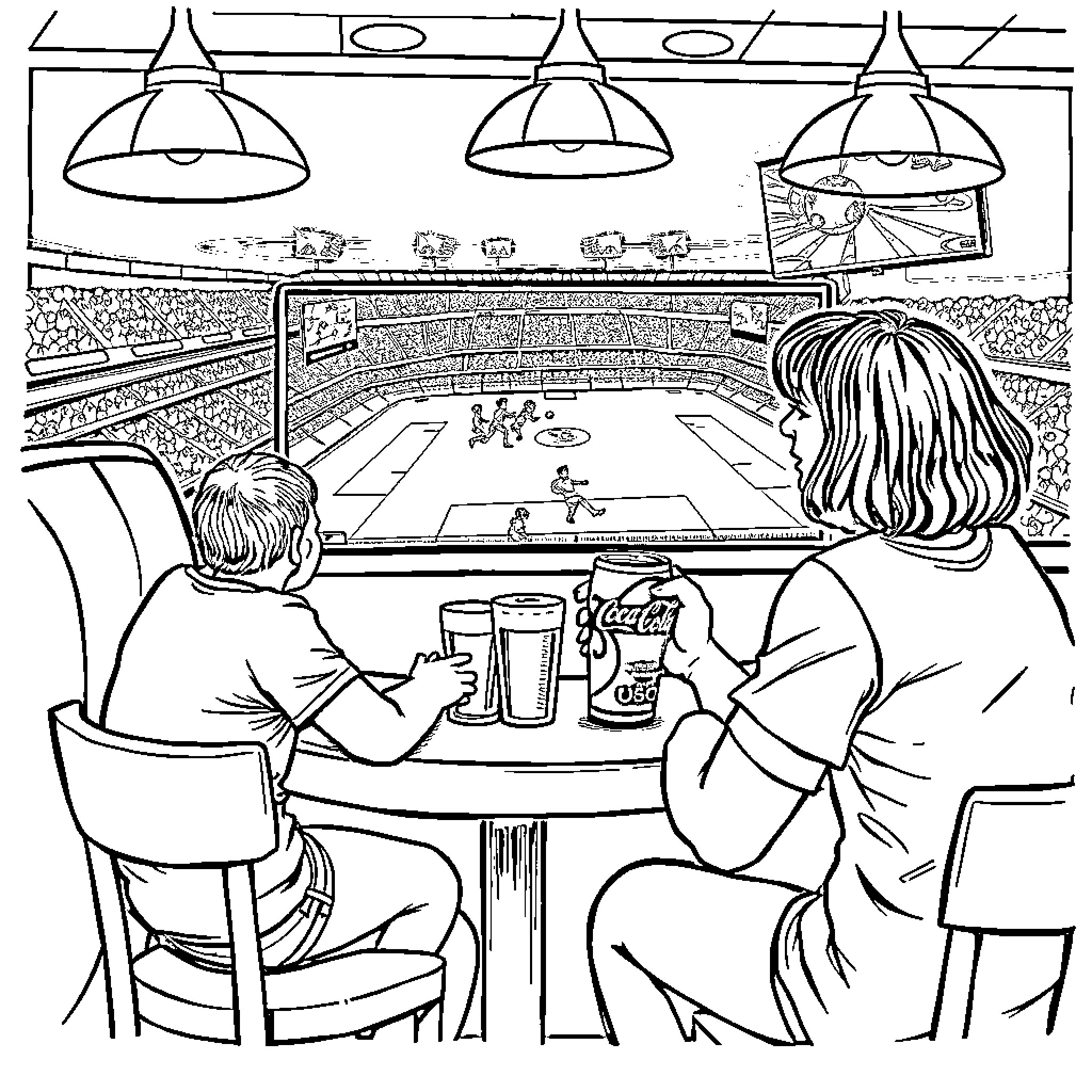 Cerveza night at the sports arena Coloring Page (free black-and-white line drawing printable PDF for all, from beginners to advanced learners, including children, teens, adults, and seniors)