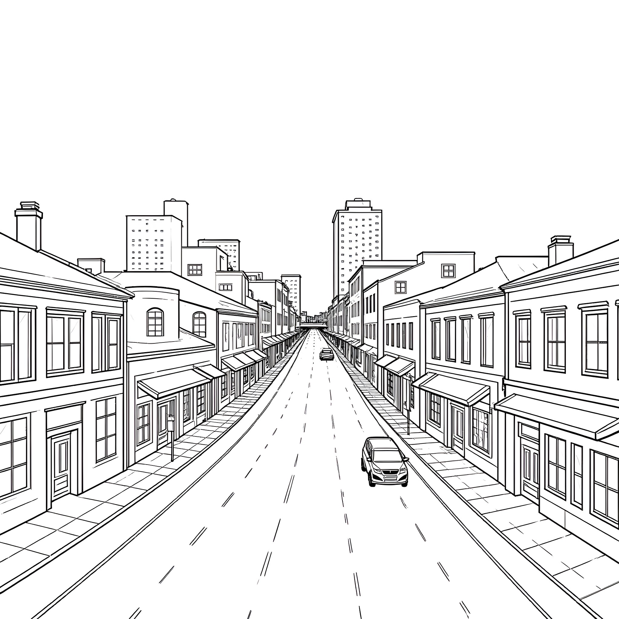 Lexington Avenue with city skyline in the distance Coloring Page (free black-and-white line drawing printable PDF for all, from beginners to advanced learners, including children, teens, adults, and seniors)