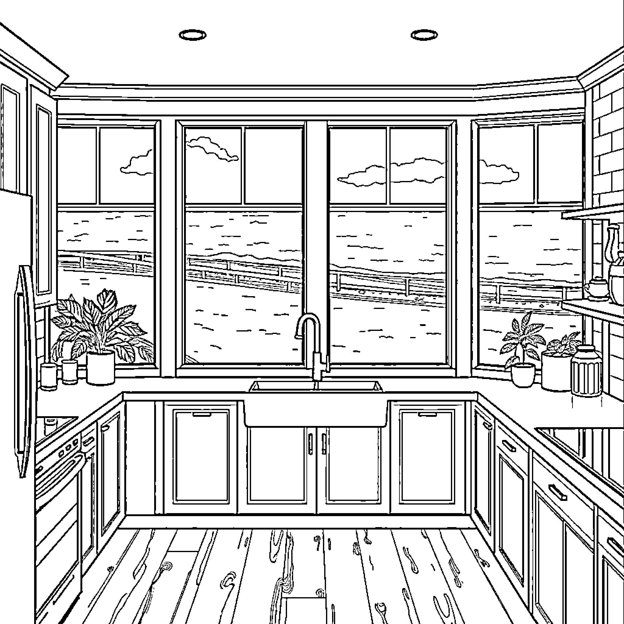 Kitchen with scenic ocean view Coloring Page (free black-and-white line drawing printable PDF for all, from beginners to advanced learners, including children, teens, adults, and seniors)