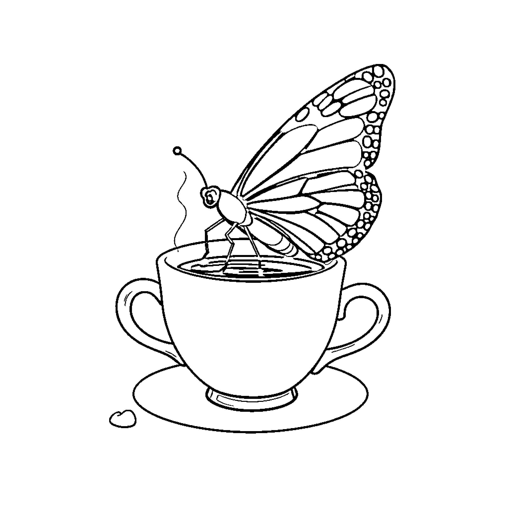 Butterfly perched on a tea cup Coloring Page (free black-and-white line drawing printable PDF for all, from beginners to advanced learners, including children, teens, adults, and seniors)