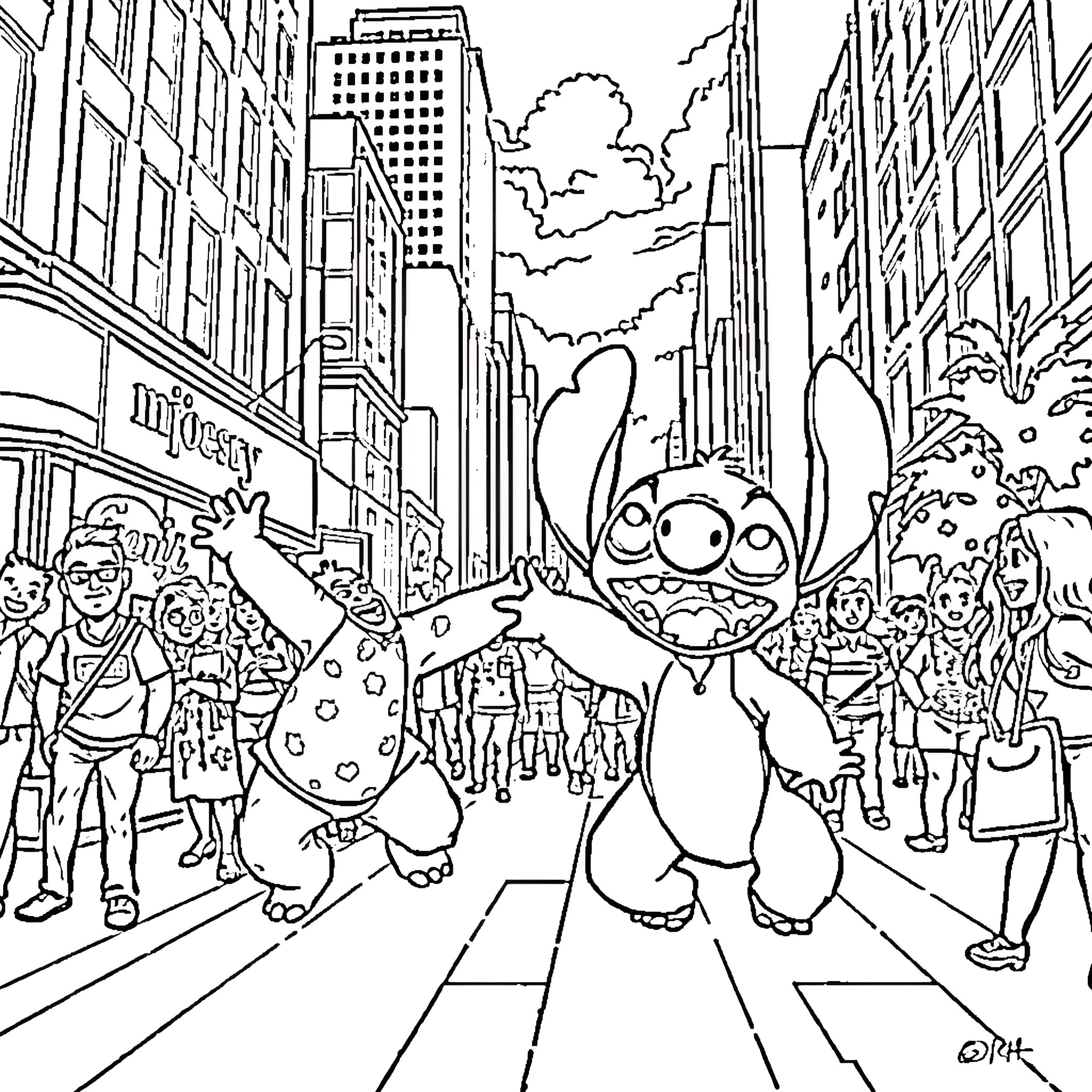 Lilo and Stitch explore the bustling city streets Coloring Page (free black-and-white line drawing printable PDF for all, from beginners to advanced learners, including children, teens, adults, and seniors)