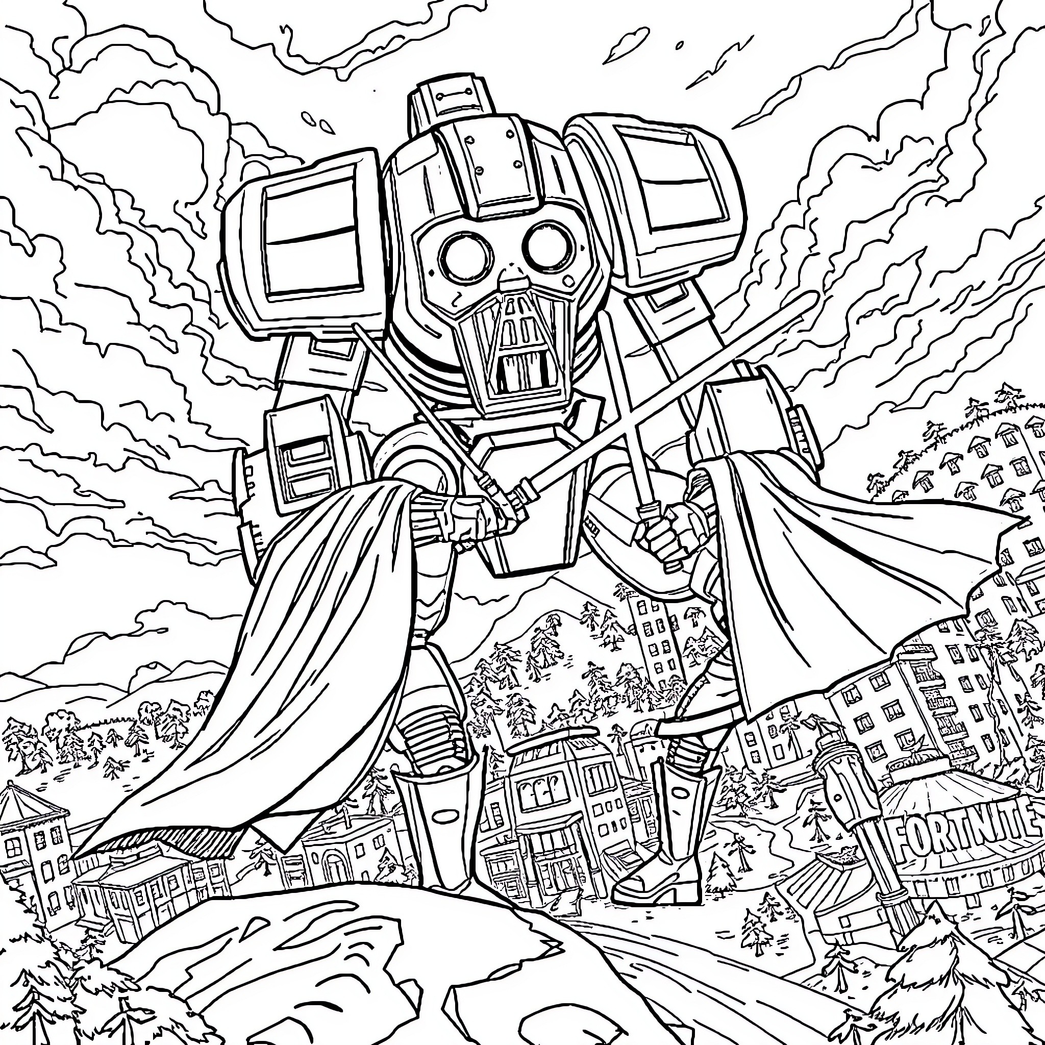 Darth Vader conquers the cityscape with his imposing robotic presence Coloring Page (free black-and-white line drawing printable PDF for all, from beginners to advanced learners, including children, teens, adults, and seniors)