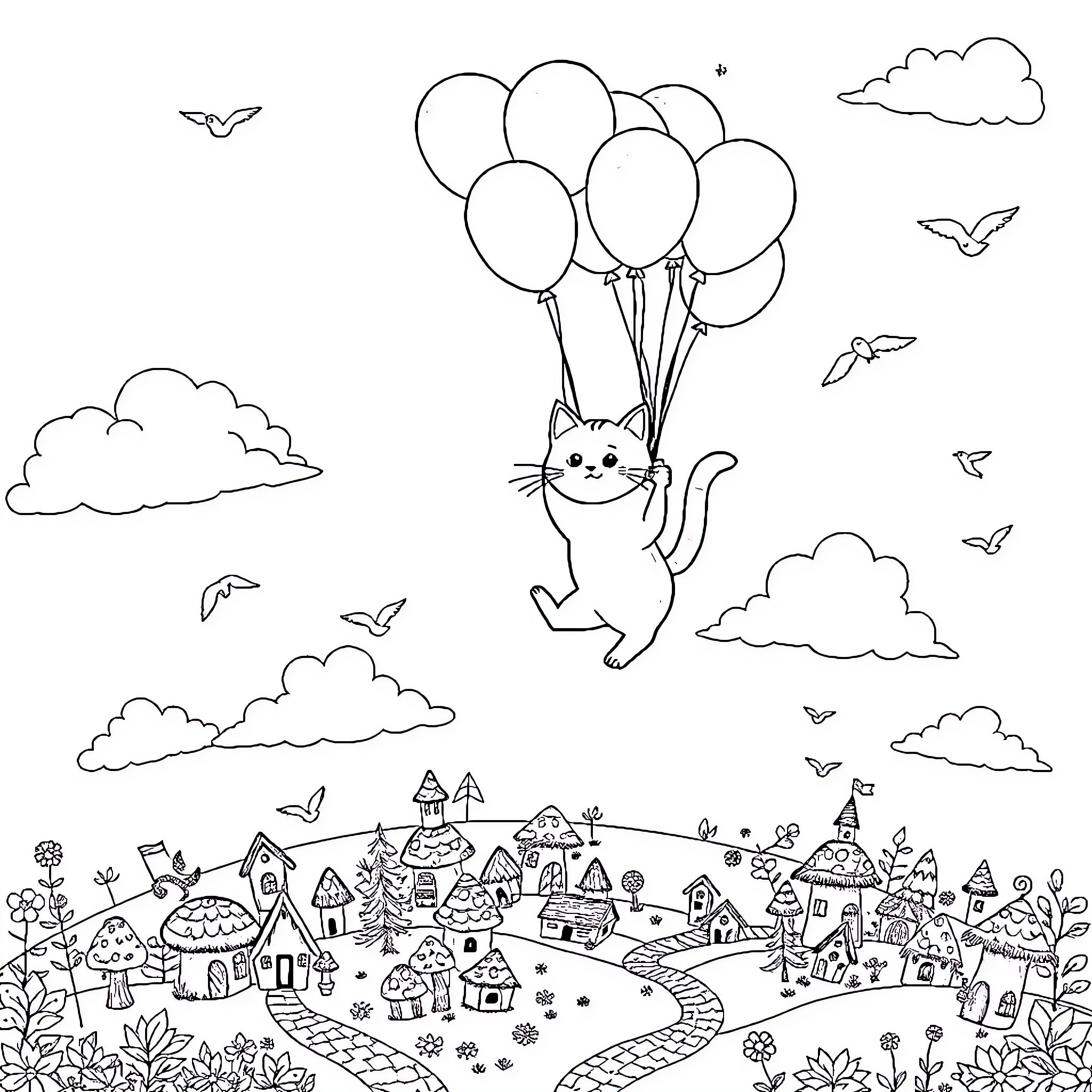 Cat floating on balloons over a whimsical landscape Coloring Page (free black-and-white line drawing printable PDF for all, from beginners to advanced learners, including children, teens, adults, and seniors)