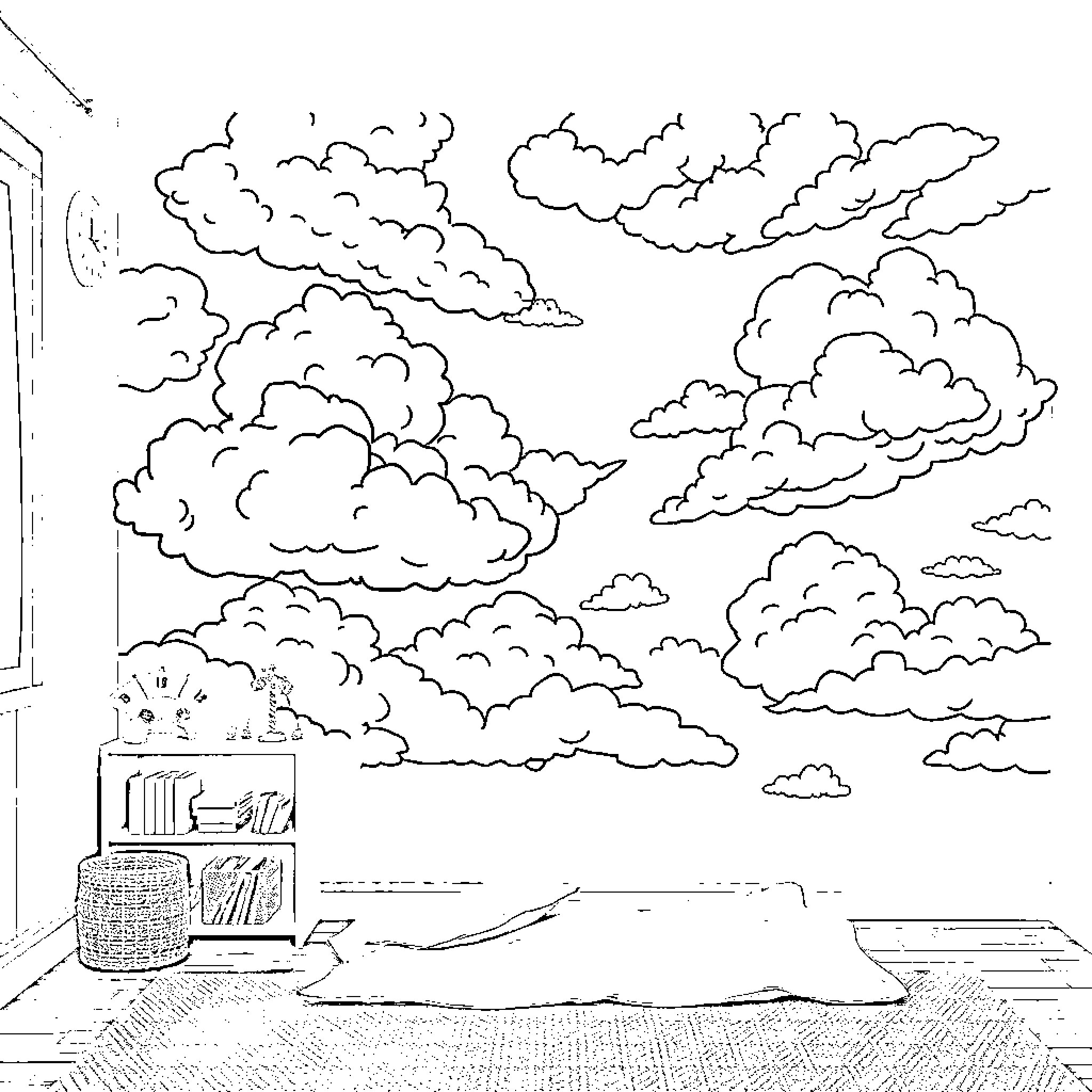 Sky Filled with Fluffy Clouds and Scenery Coloring Page (free black-and-white line drawing printable PDF for all, from beginners to advanced learners, including children, teens, adults, and seniors)