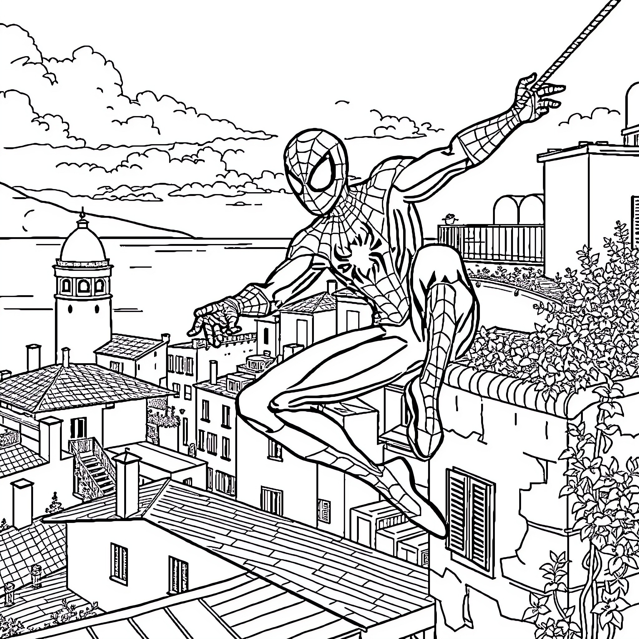 Spiderman swinging through the city skyline Coloring Page (free black-and-white line drawing printable PDF for all, from beginners to advanced learners, including children, teens, adults, and seniors)