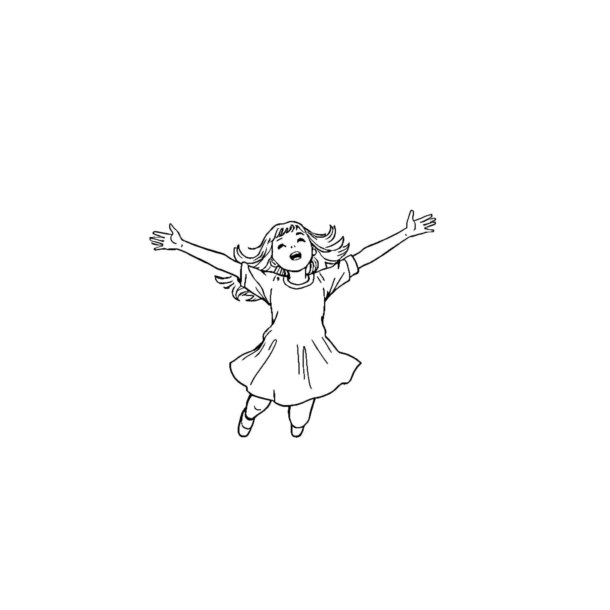 Girl Jumping with Arms Outstretched in Delight Coloring Page (free black-and-white line drawing printable PDF for all, from beginners to advanced learners, including children, teens, adults, and seniors)
