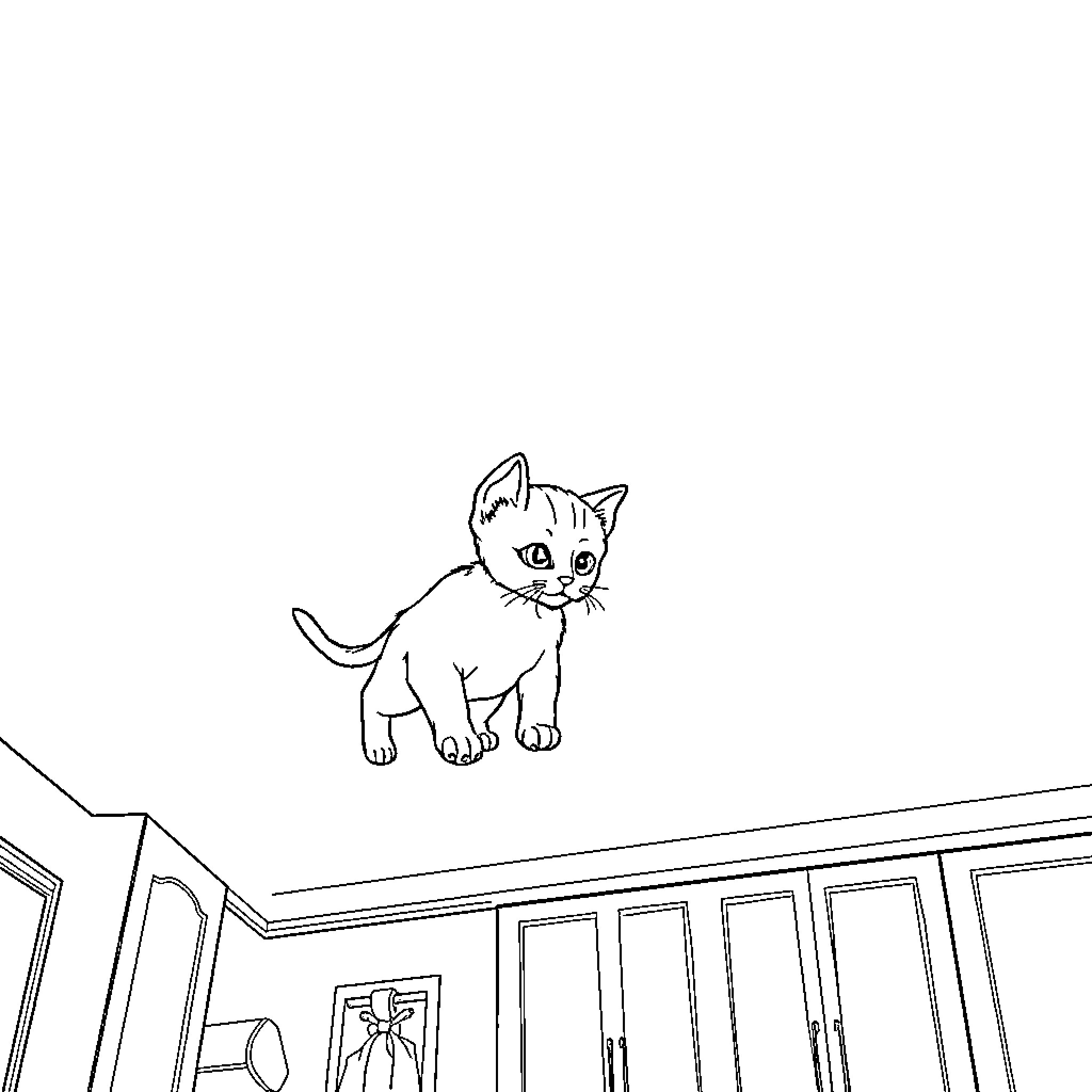 Kitten exploring a cozy indoor scene Coloring Page (free black-and-white line drawing printable PDF for all, from beginners to advanced learners, including children, teens, adults, and seniors)