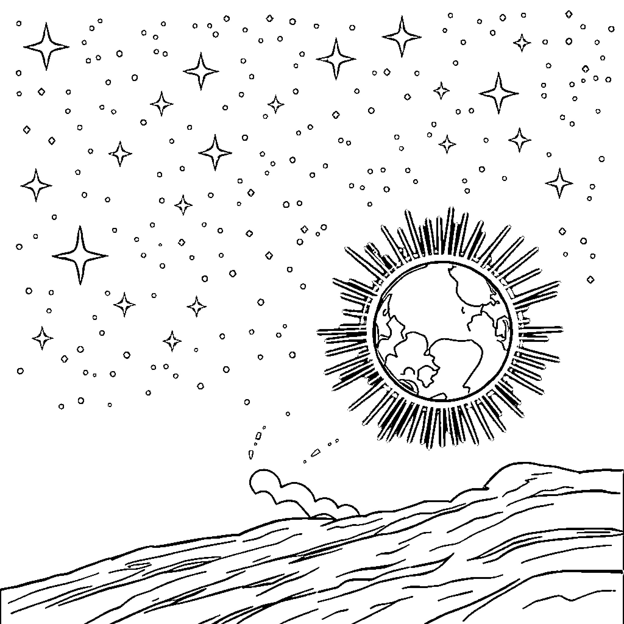 Moon shining brightly over the celestial landscape Coloring Page (free black-and-white line drawing printable PDF for all, from beginners to advanced learners, including children, teens, adults, and seniors)