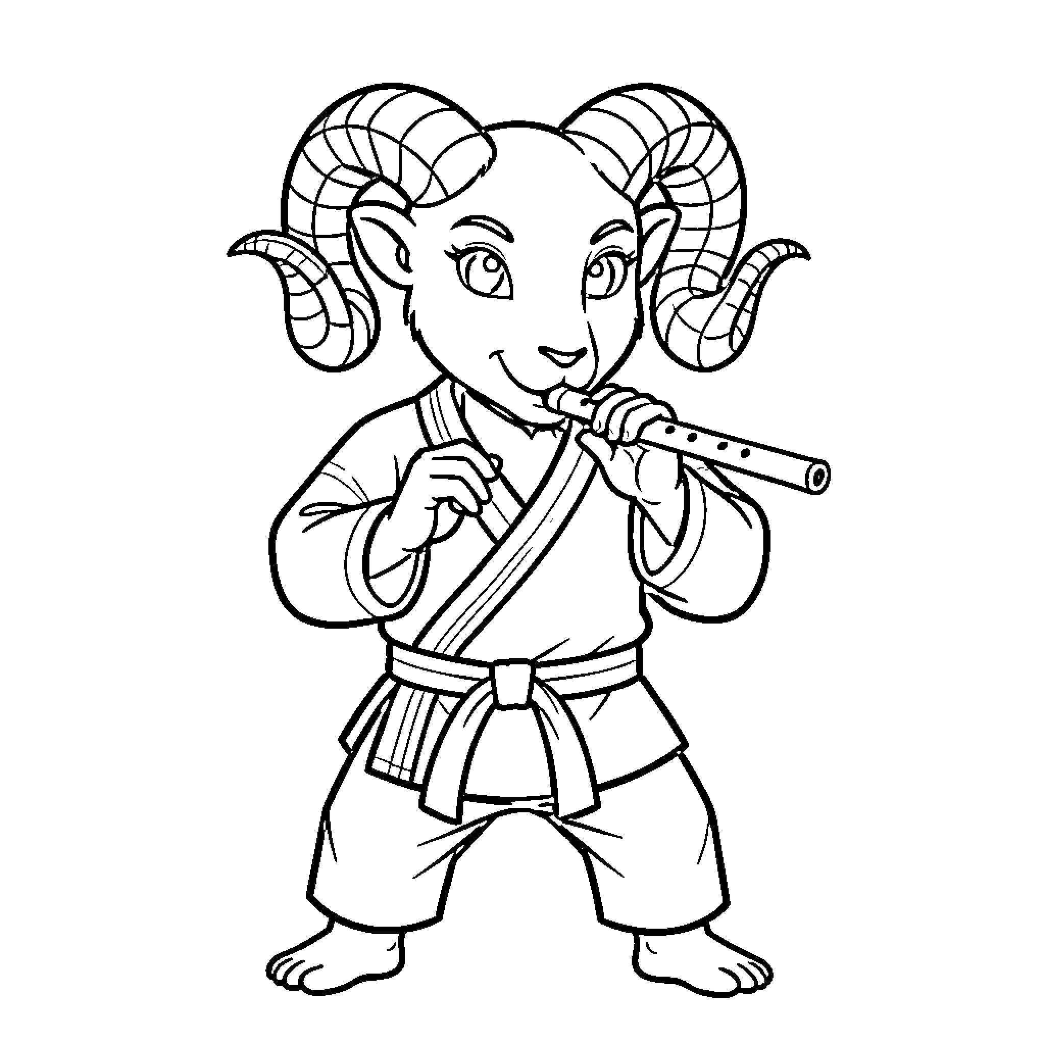 Ram playing a flute while wearing traditional robes Coloring Page (free black-and-white line drawing printable PDF for all, from beginners to advanced learners, including children, teens, adults, and seniors)