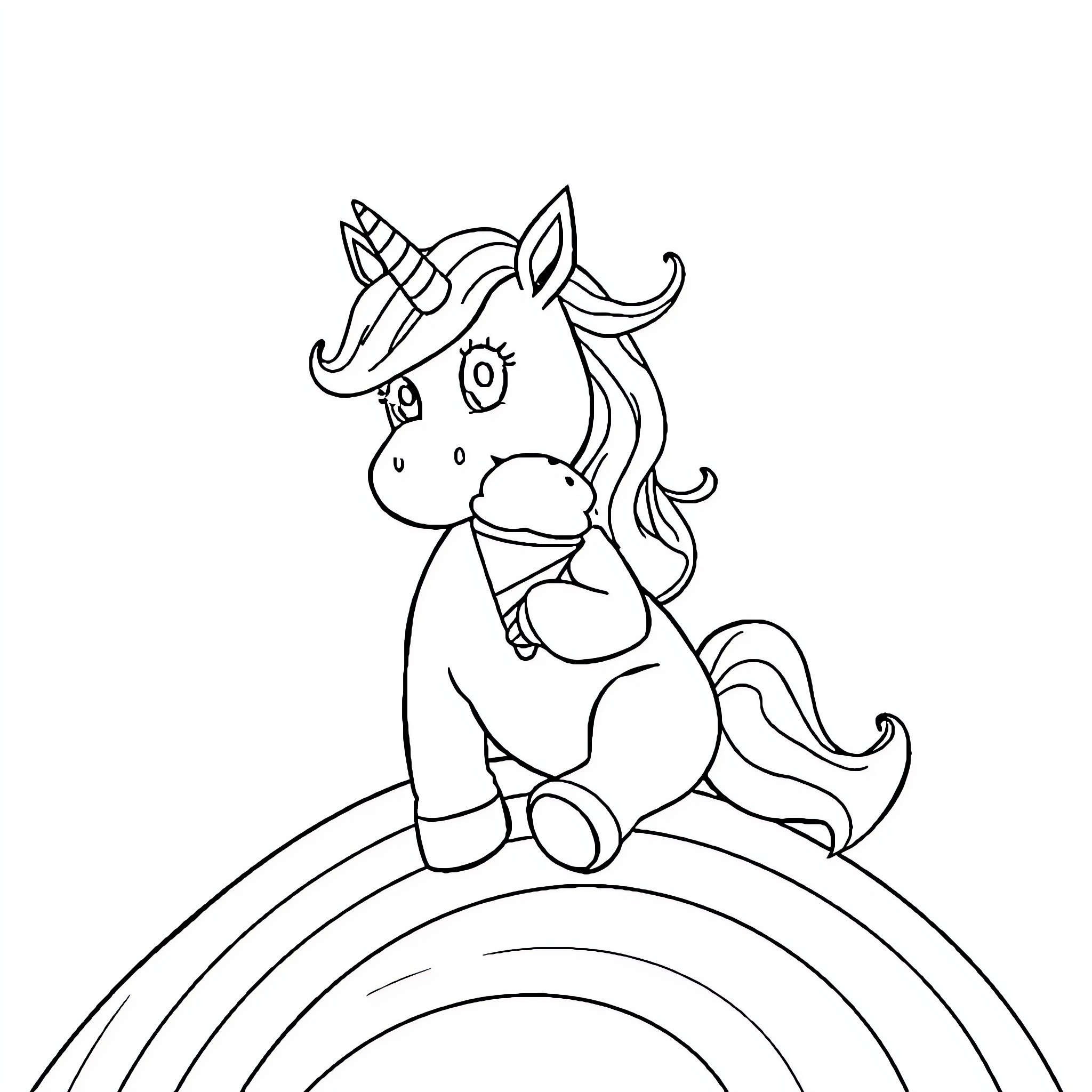 Unicorn sitting on a rainbow Coloring Page (free black-and-white line drawing printable PDF for all, from beginners to advanced learners, including children, teens, adults, and seniors)