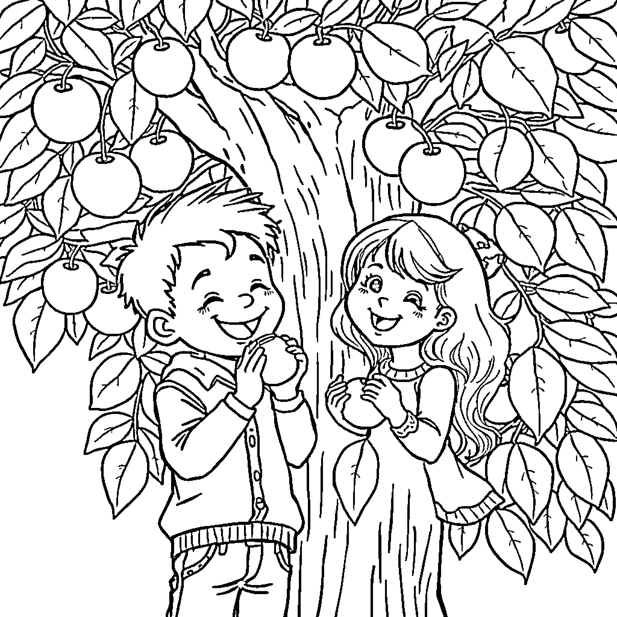 Child gathering apples with friend in orchard Coloring Page (free black-and-white line drawing printable PDF for all, from beginners to advanced learners, including children, teens, adults, and seniors)