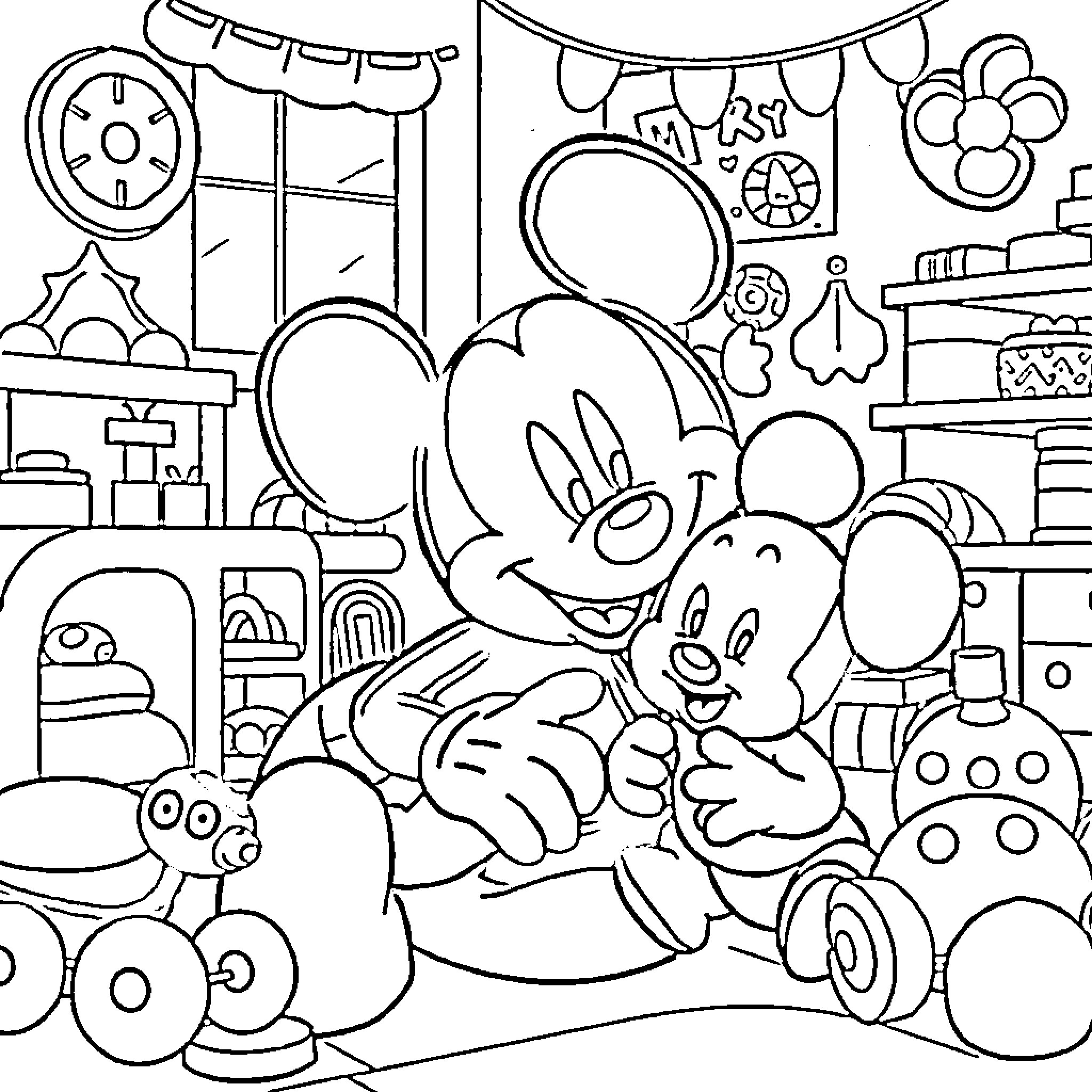 Mickey Mouse and friends in a whimsical toy shop Coloring Page (free black-and-white line drawing printable PDF for all, from beginners to advanced learners, including children, teens, adults, and seniors)