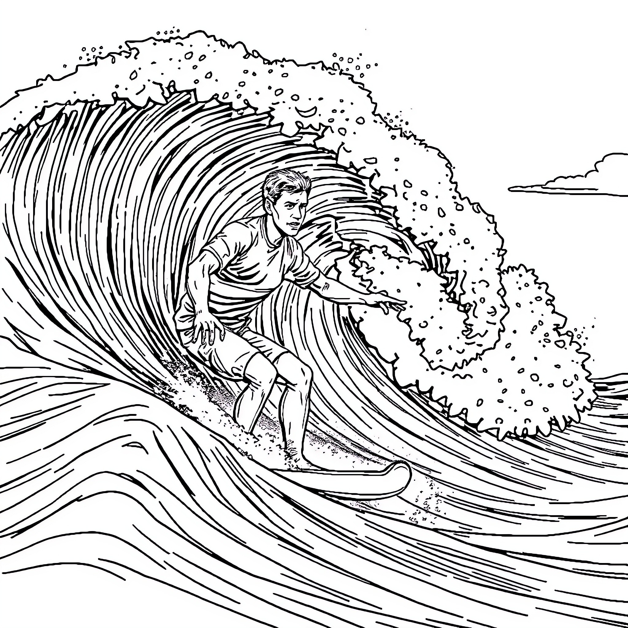 Cristiano riding a powerful ocean wave Coloring Page (free black-and-white line drawing printable PDF for all, from beginners to advanced learners, including children, teens, adults, and seniors)