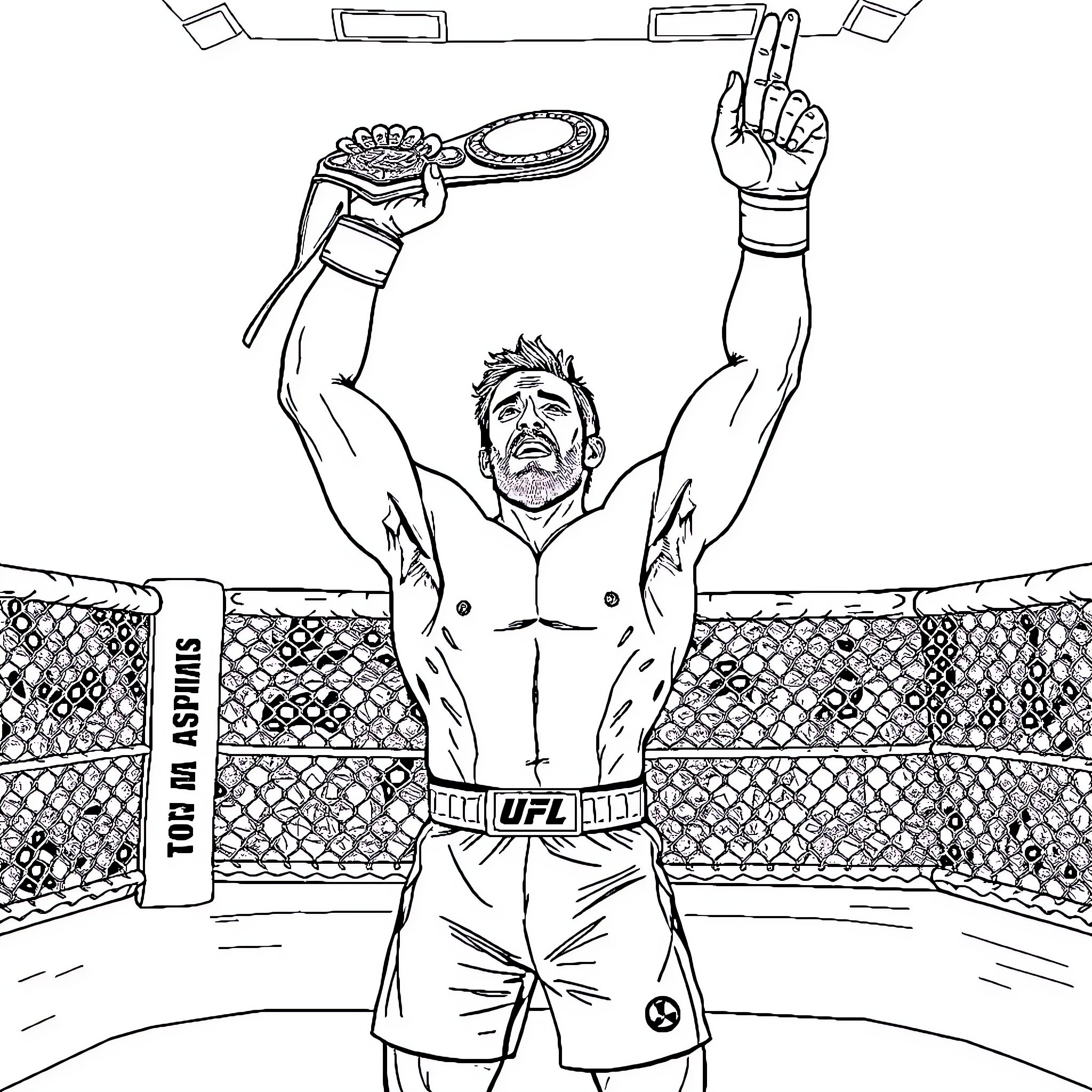 Tom Aspinall Celebrates Victory in the Octagon Coloring Page (free black-and-white line drawing printable PDF for all, from beginners to advanced learners, including children, teens, adults, and seniors)