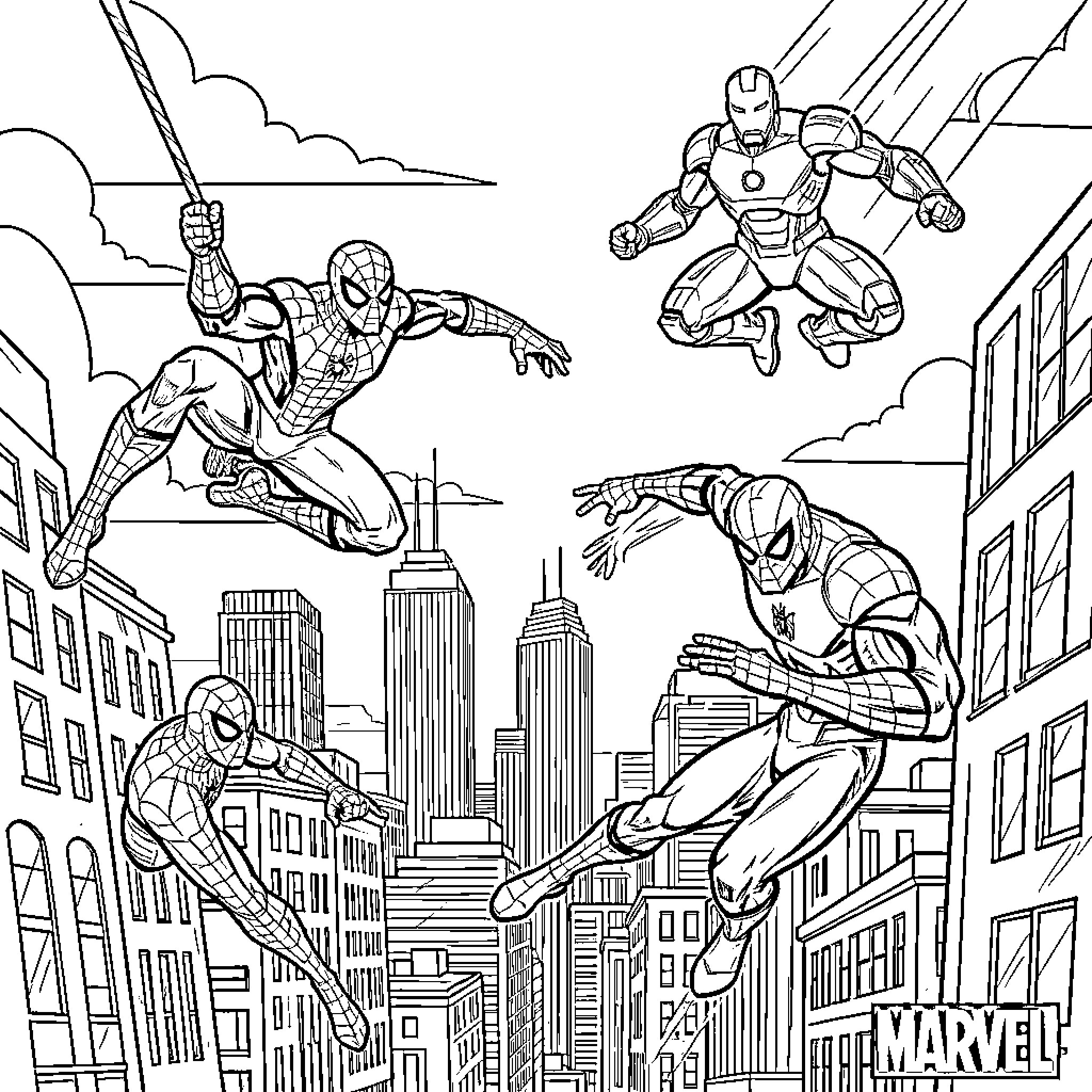 Marvel Characters Engaging in Heroic Action Across the City Coloring Page (free black-and-white line drawing printable PDF for all, from beginners to advanced learners, including children, teens, adults, and seniors)