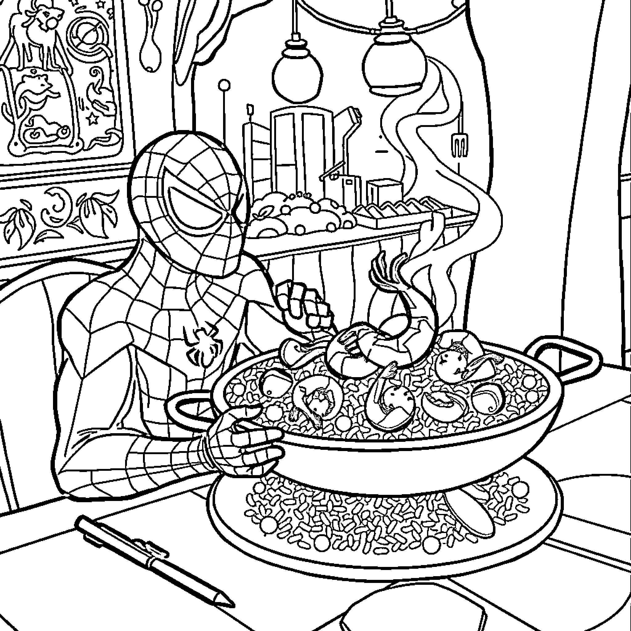Spiderman's Colorful Adventure in the City Coloring Page (free black-and-white line drawing printable PDF for all, from beginners to advanced learners, including children, teens, adults, and seniors)