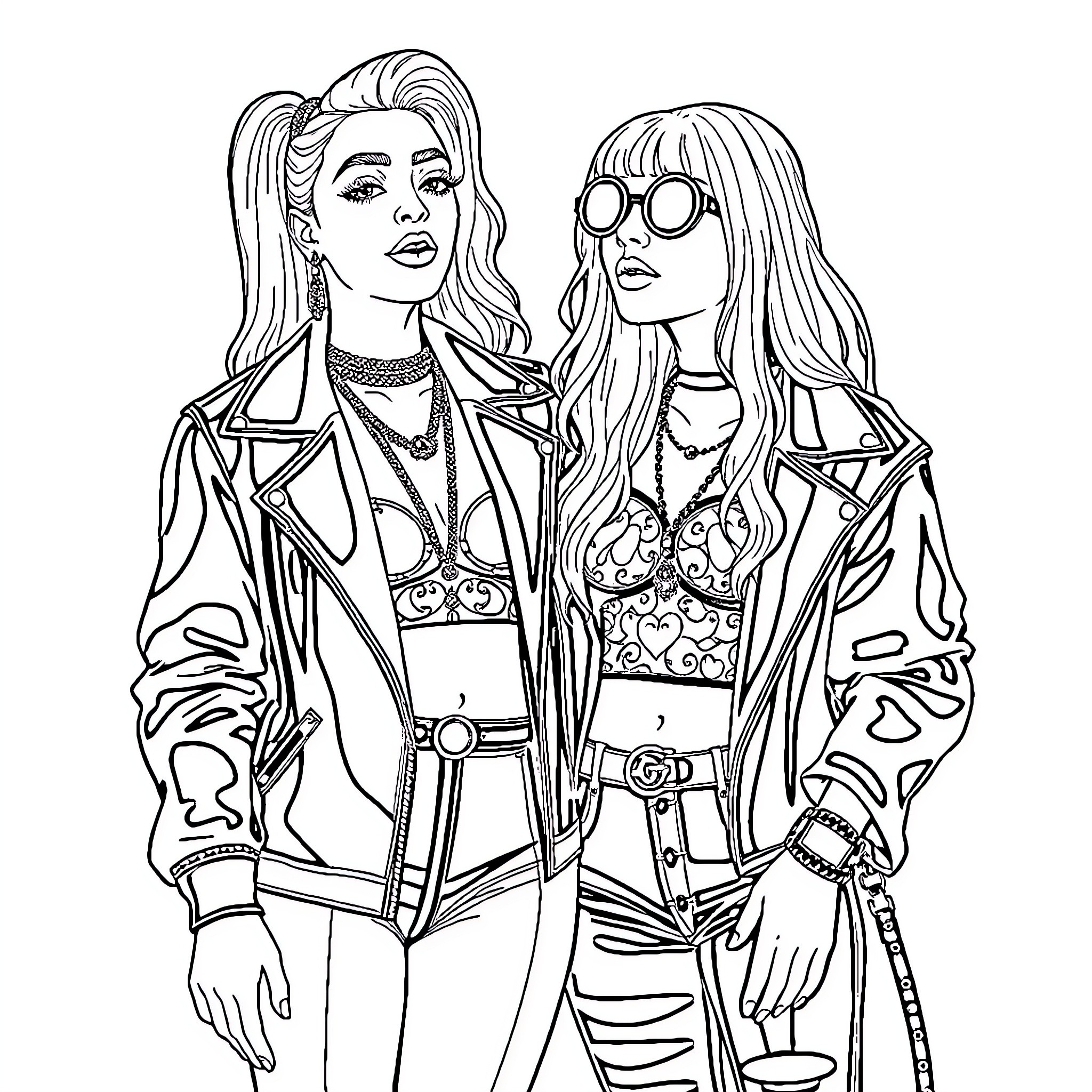 Lady Gaga and friend posing in stylish outfits Coloring Page (free black-and-white line drawing printable PDF for all, from beginners to advanced learners, including children, teens, adults, and seniors)