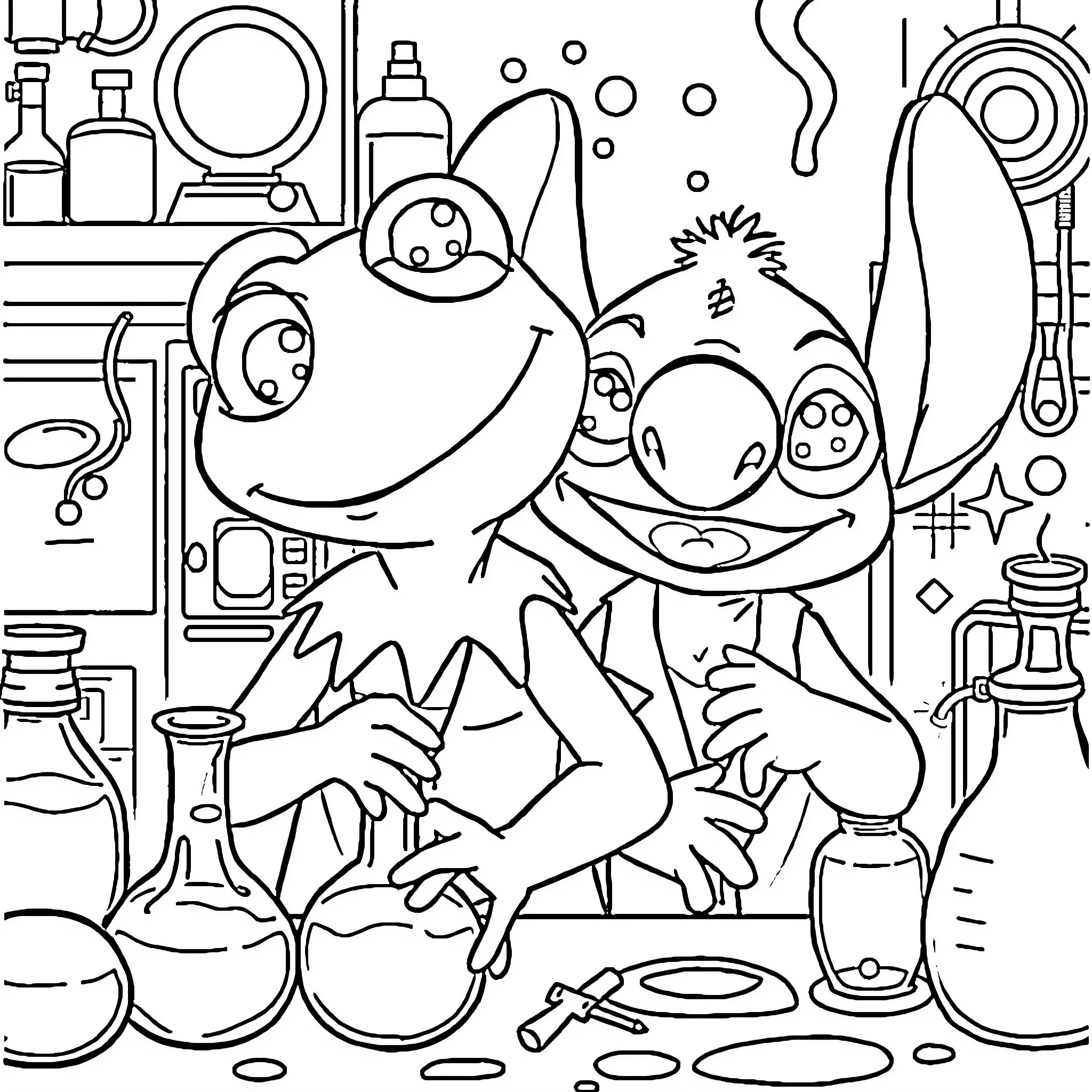 Kermit and Piggy's Wacky Science Lab Coloring Page (free black-and-white line drawing printable PDF for all, from beginners to advanced learners, including children, teens, adults, and seniors)