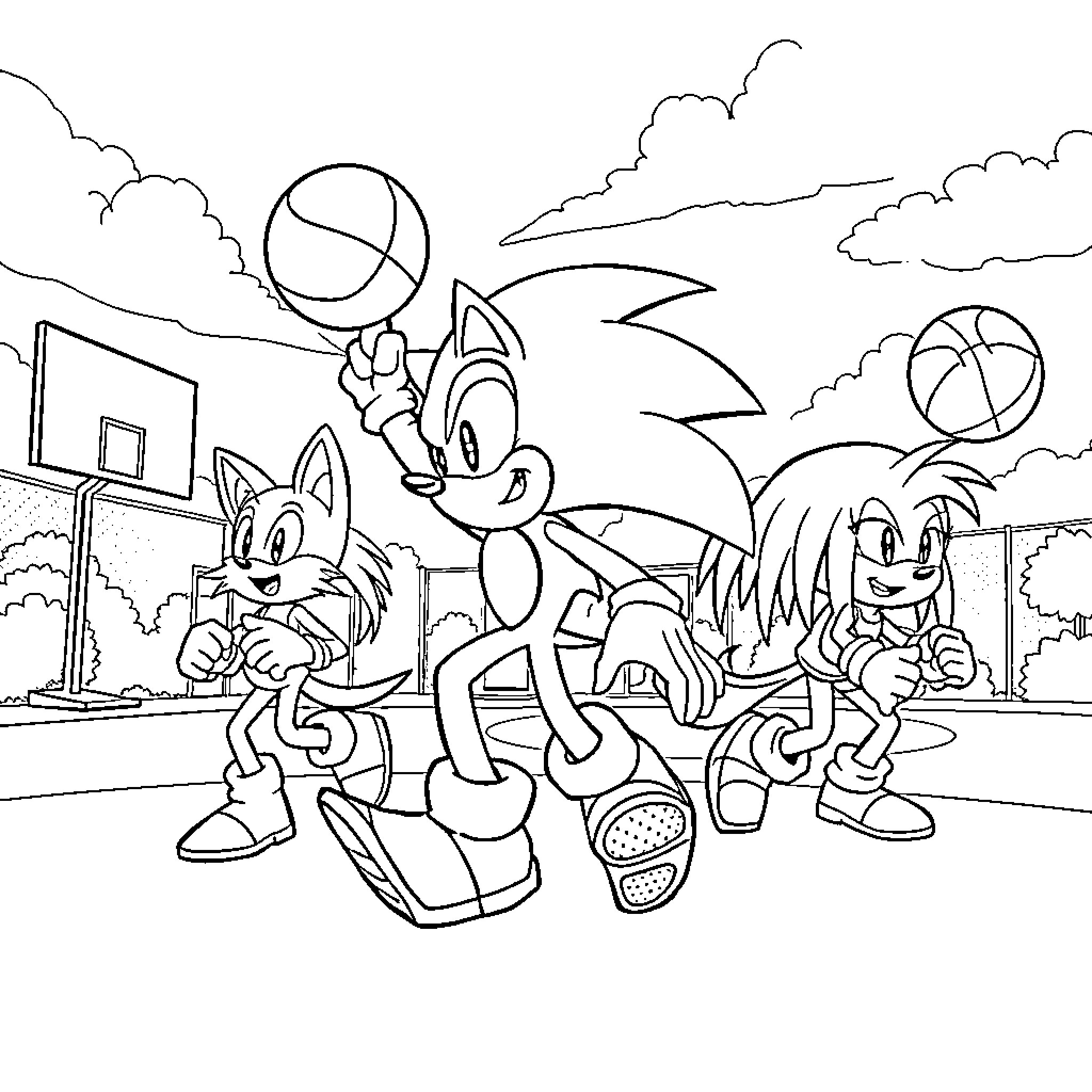 Sonic and friends playing basketball on the court Coloring Page (free black-and-white line drawing printable PDF for all, from beginners to advanced learners, including children, teens, adults, and seniors)