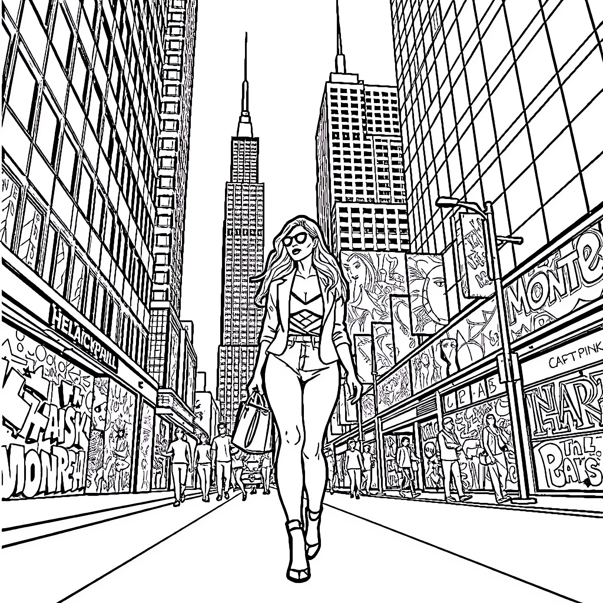 Black Pink Stylish Figures in Urban Cityscape Coloring Page (free black-and-white line drawing printable PDF for all, from beginners to advanced learners, including children, teens, adults, and seniors)
