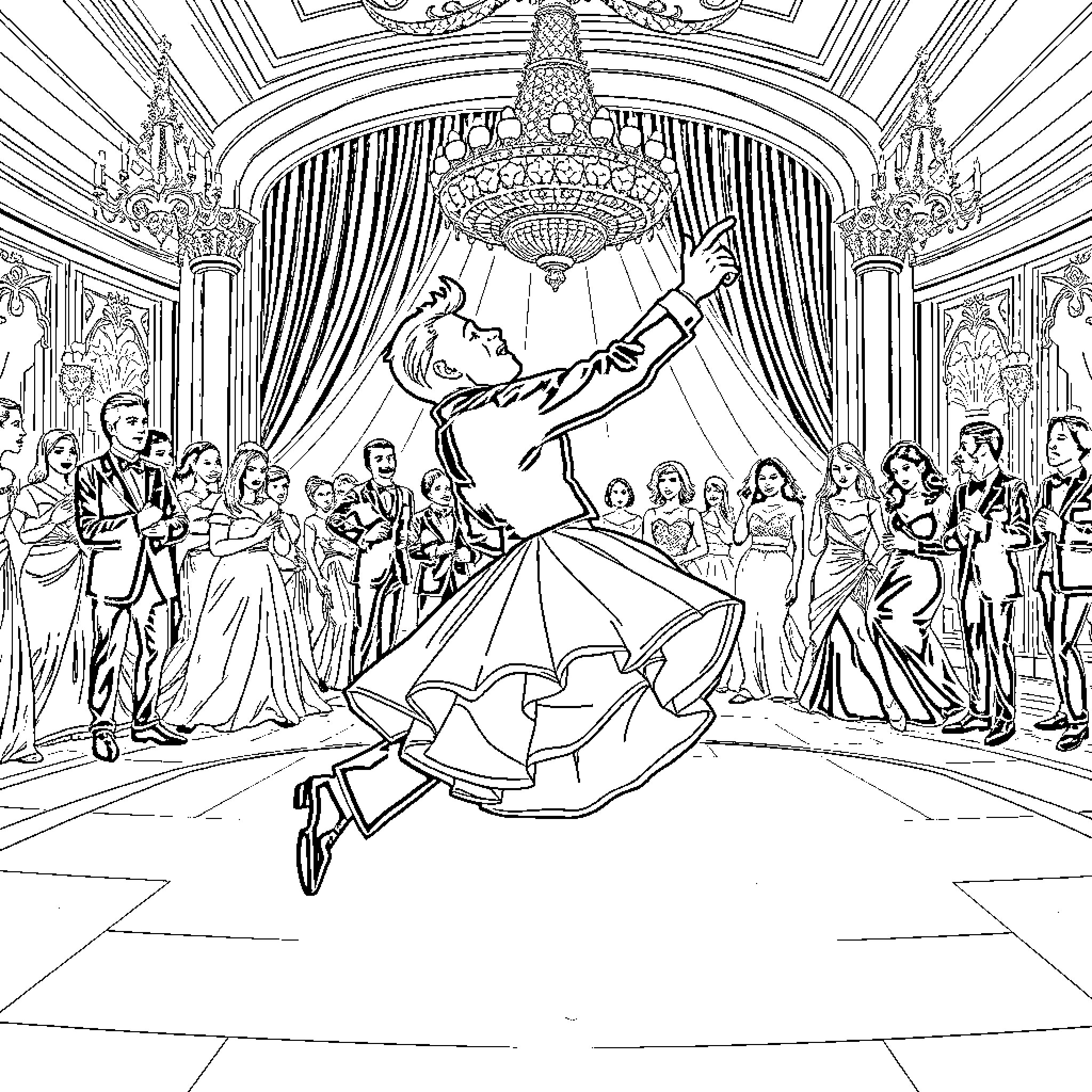Cinderella dancing elegantly at the royal ball Coloring Page (free black-and-white line drawing printable PDF for all, from beginners to advanced learners, including children, teens, adults, and seniors)